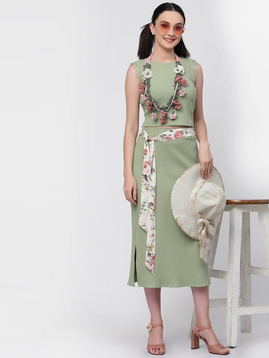 Ribbed Straight Green Lining Skirt for Women -5