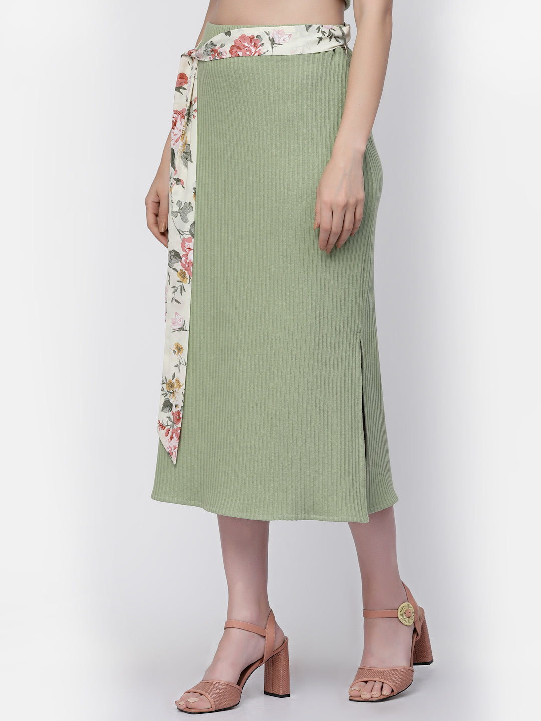 Ribbed Straight Green Lining Skirt for Women -1