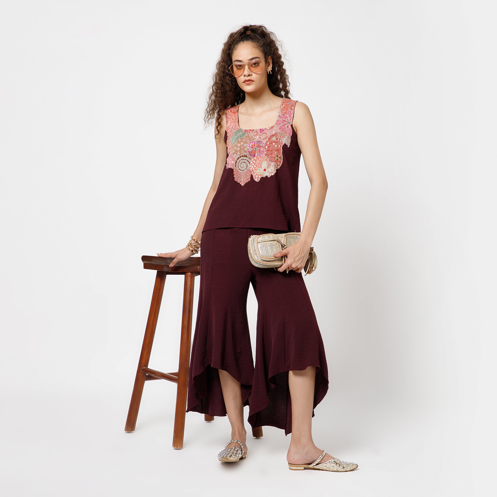 Prune Crepe Asymmetrical Plazzo