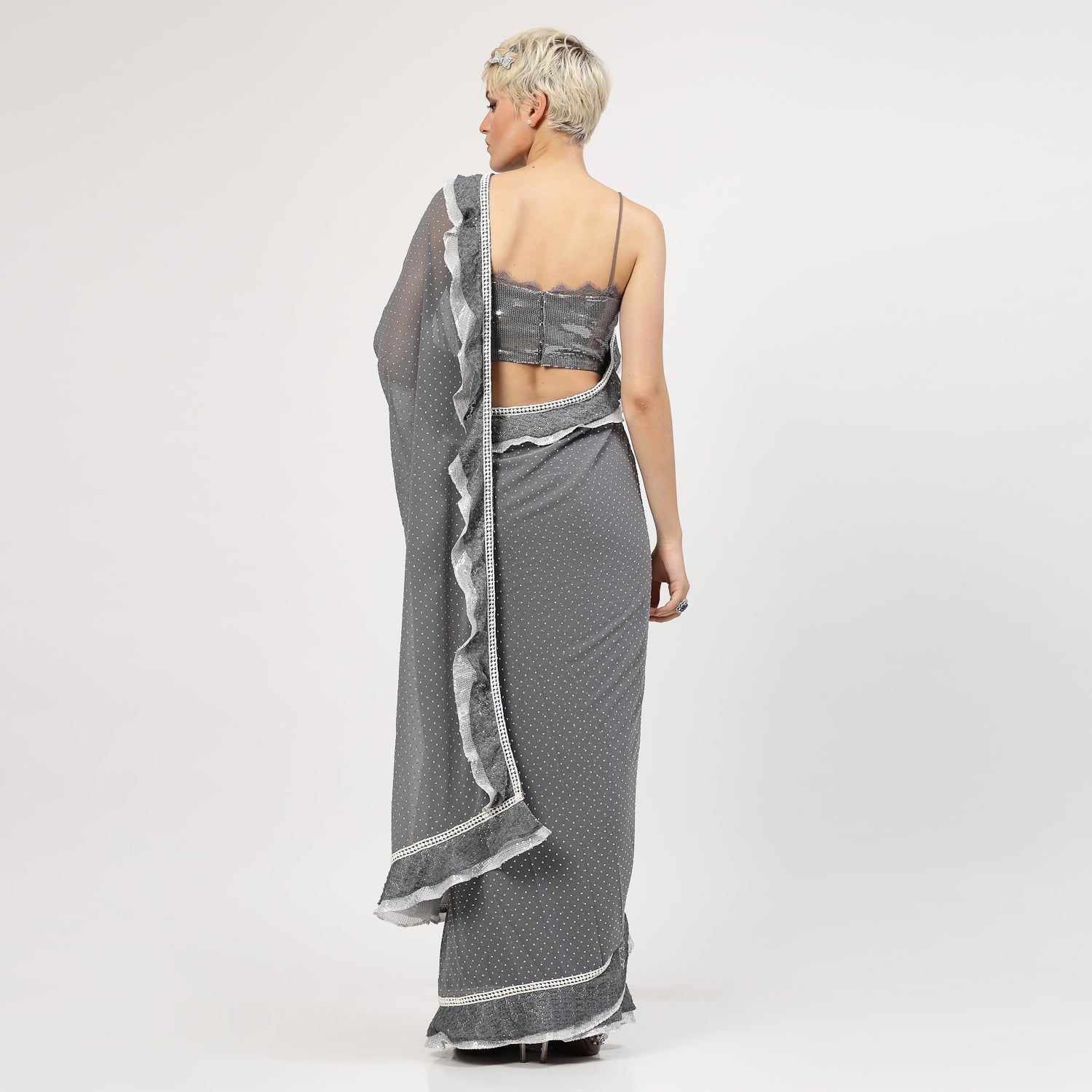 Silver Georgette Saree With Silver Dot And Sequins Frill, saree for women, saree designs, trendy sarees, party wear saree, party wear saree for women