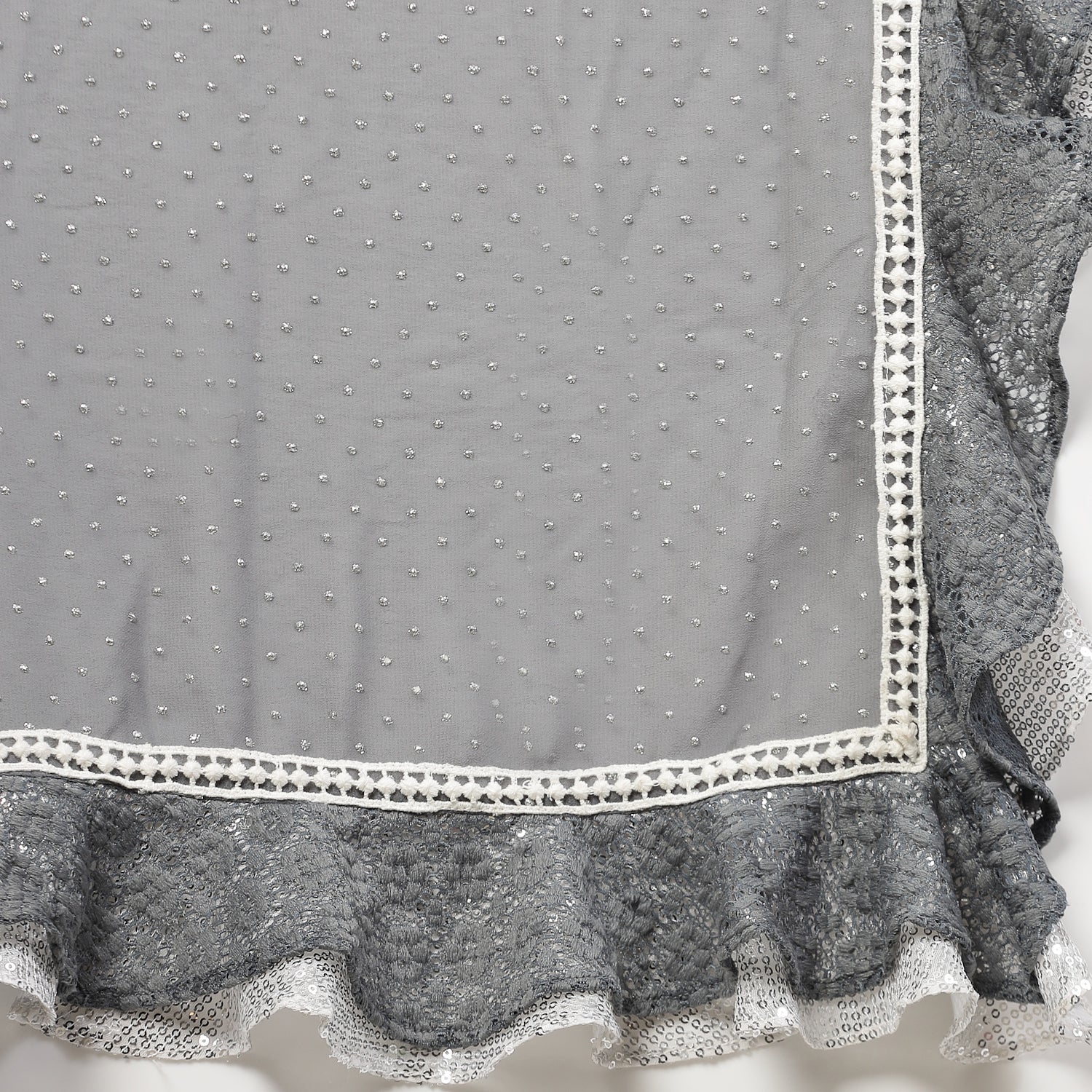 Silver Georgette Saree With Silver Dot And Sequins Frill, saree for women, saree designs, trendy sarees, party wear saree, party wear saree for women