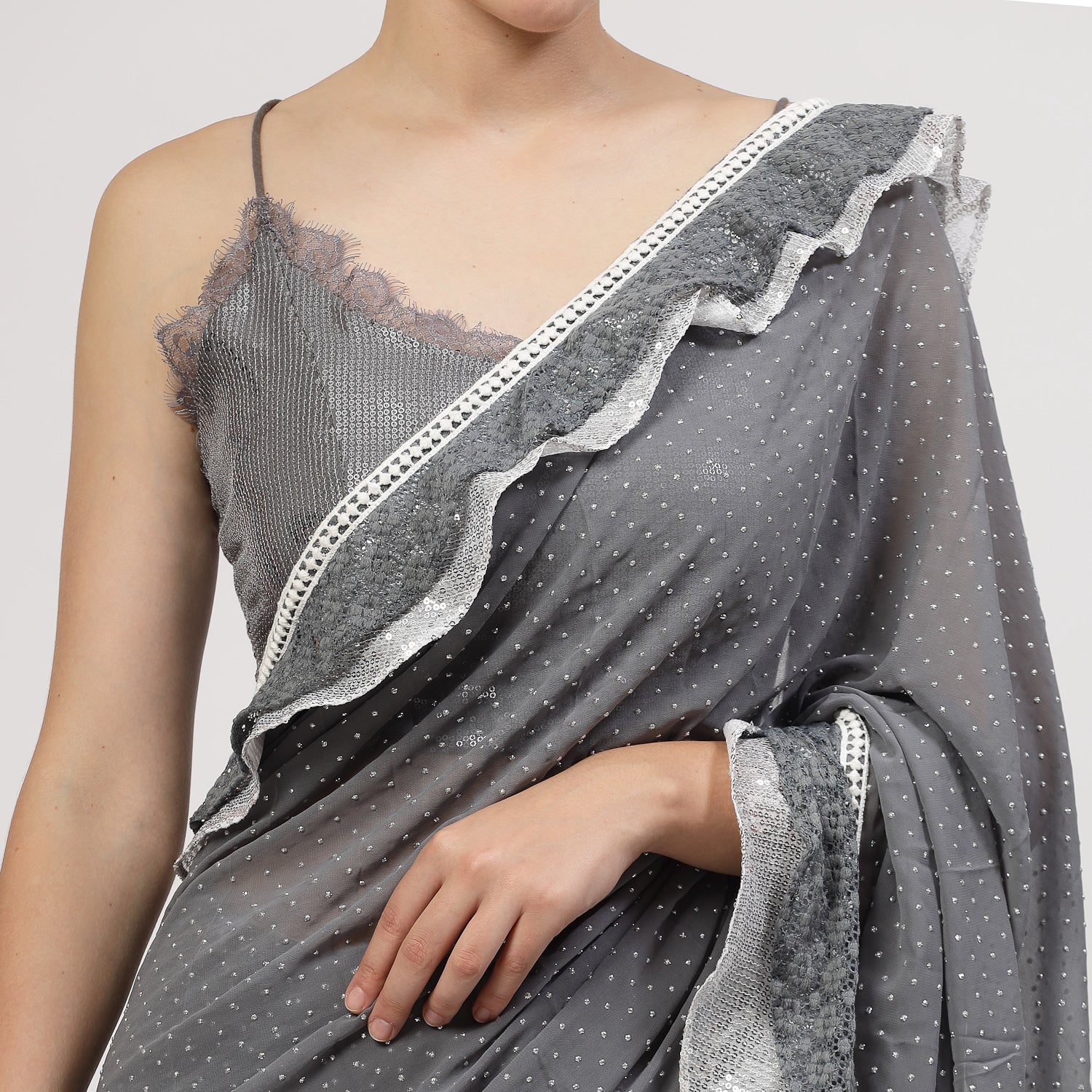 Silver Georgette Saree With Silver Dot And Sequins Frill, saree for women, saree designs, trendy sarees, party wear saree, party wear saree for women