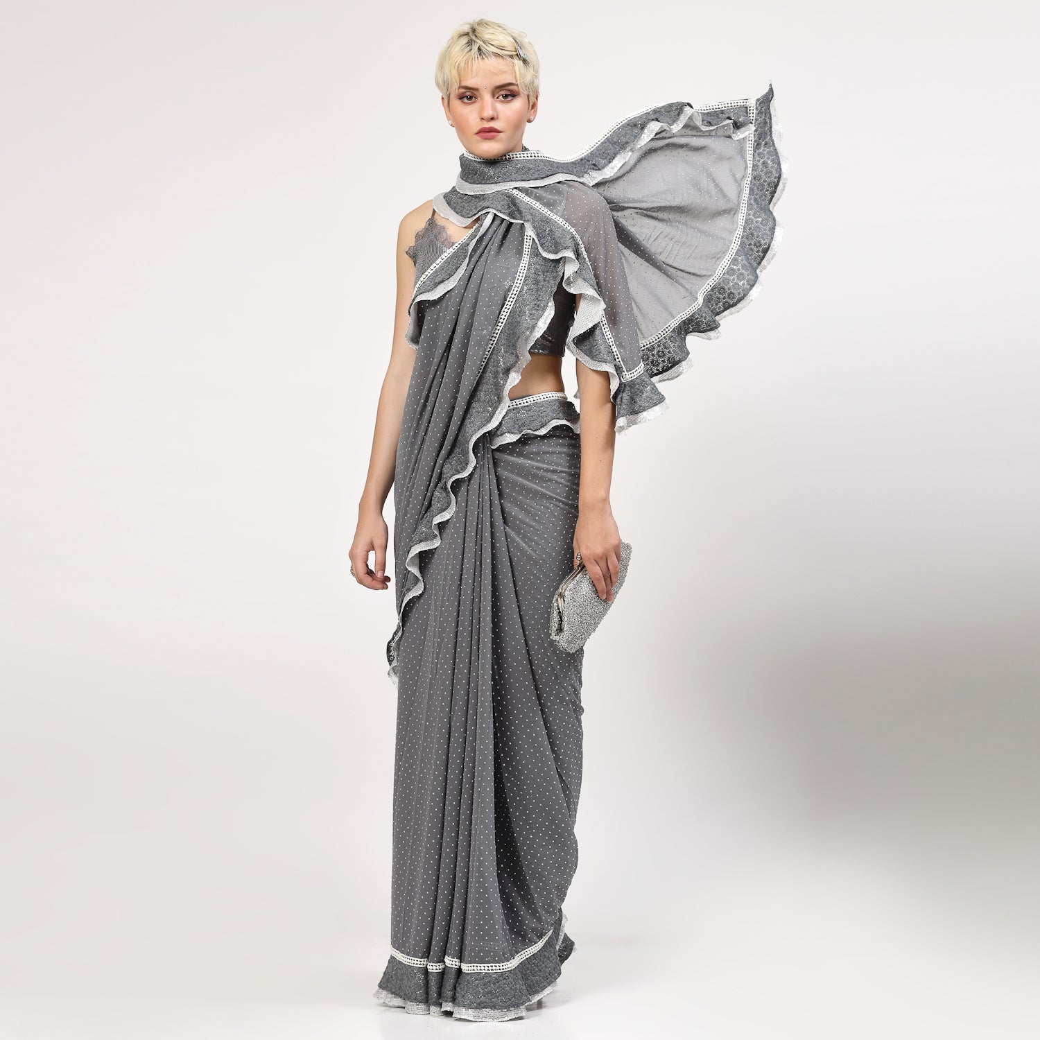 Silver Georgette Saree With Silver Dot And Sequins Frill, saree for women, saree designs, trendy sarees, party wear saree, party wear saree for women