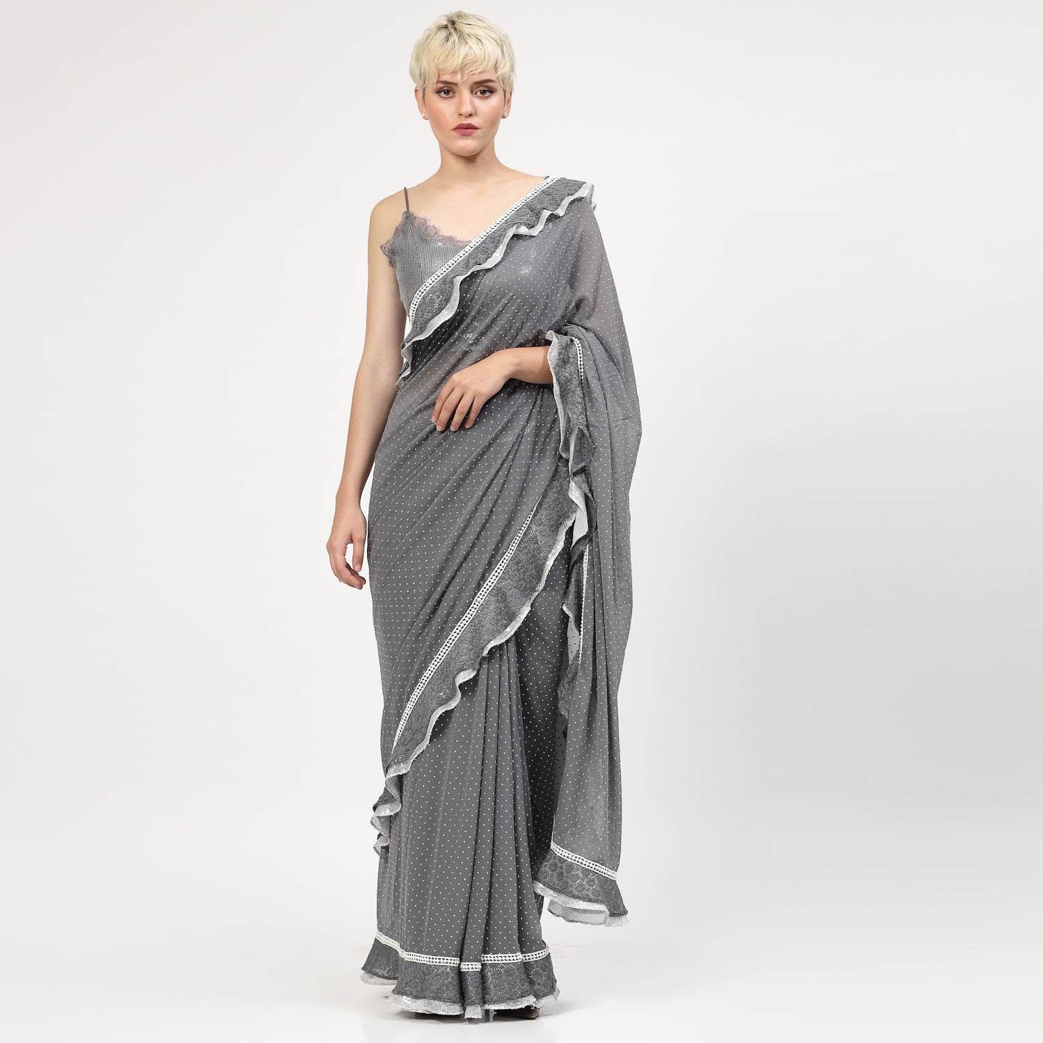 Silver Georgette Saree With Silver Dot And Sequins Frill, saree for women, saree designs, trendy sarees, party wear saree, party wear saree for women