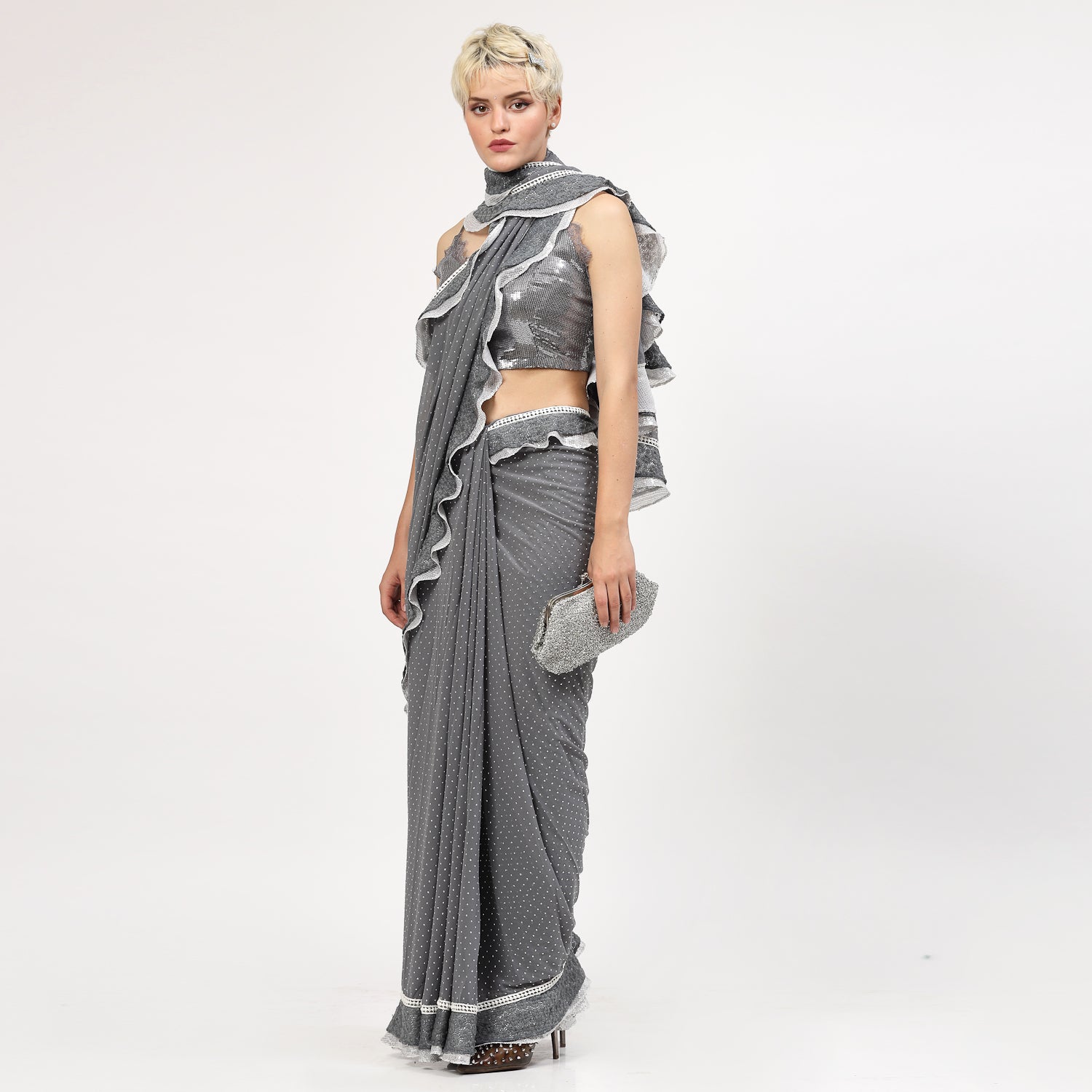 Silver Georgette Saree With Silver Dot And Sequins Frill, saree for women, saree designs, trendy sarees, party wear saree, party wear saree for women