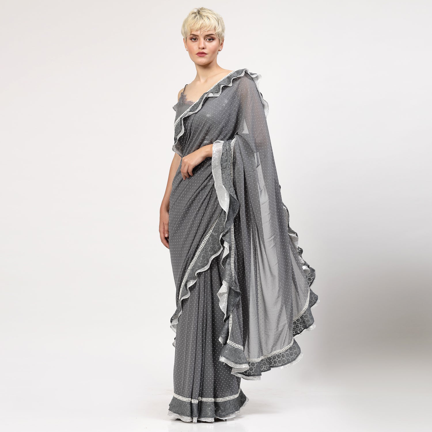 Silver Georgette Saree With Silver Dot And Sequins Frill, saree for women, saree designs, trendy sarees, party wear saree, party wear saree for women
