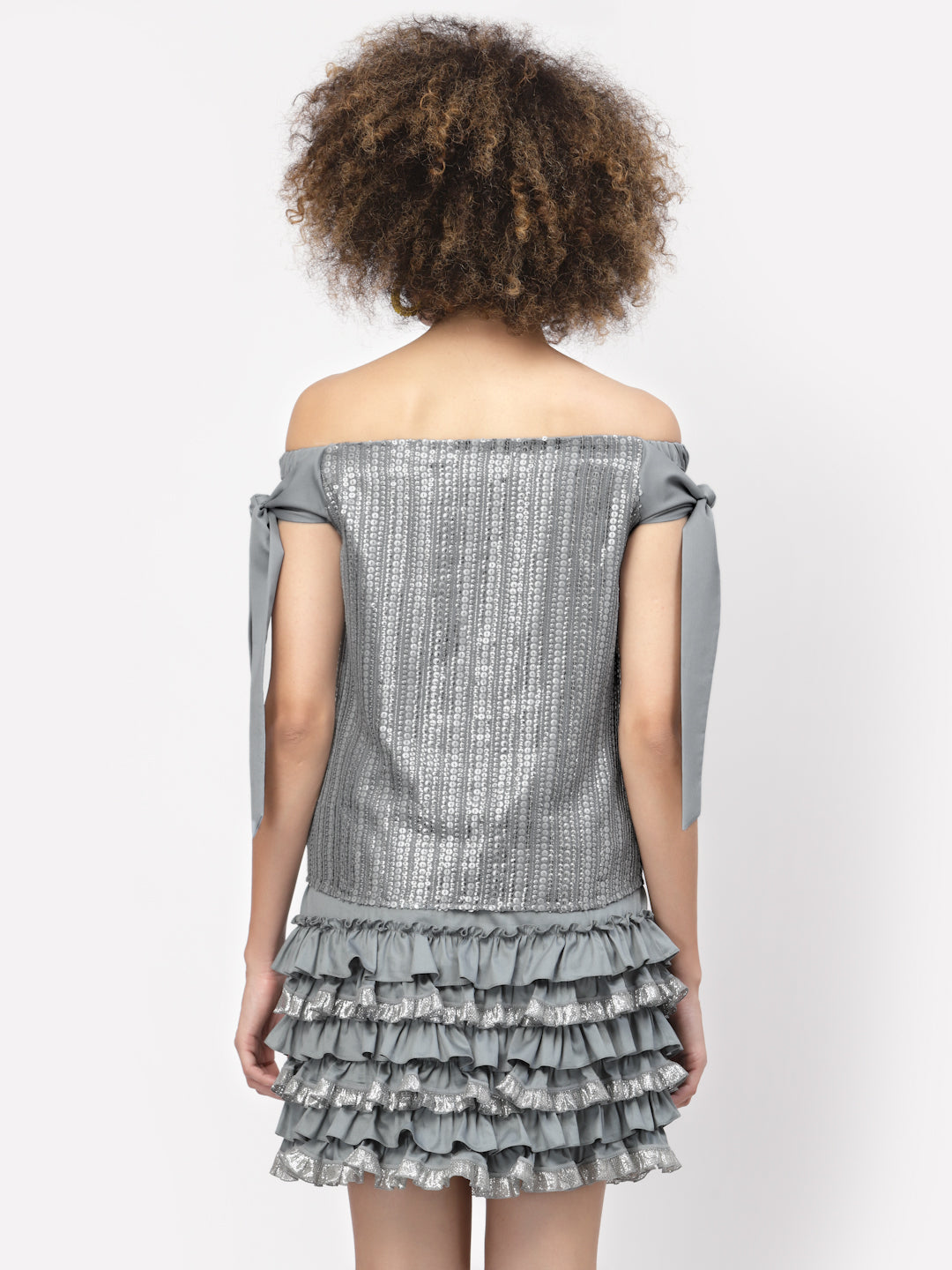 Silver Sequins Off Shoulder Top With Tie Knot, tops for women, crop top, crop tops for women, organza tops