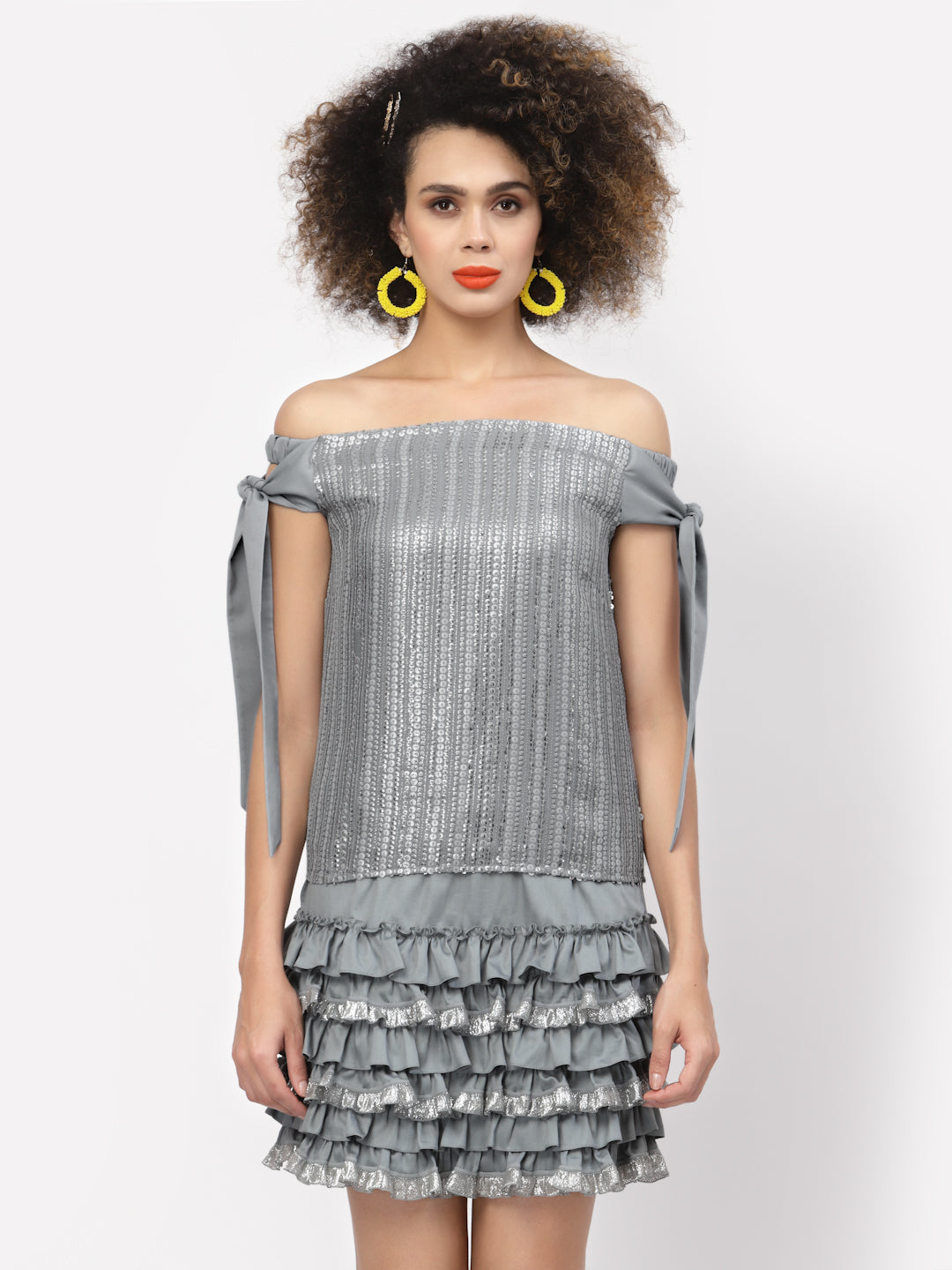 Silver Sequins Off Shoulder Top With Tie Knot