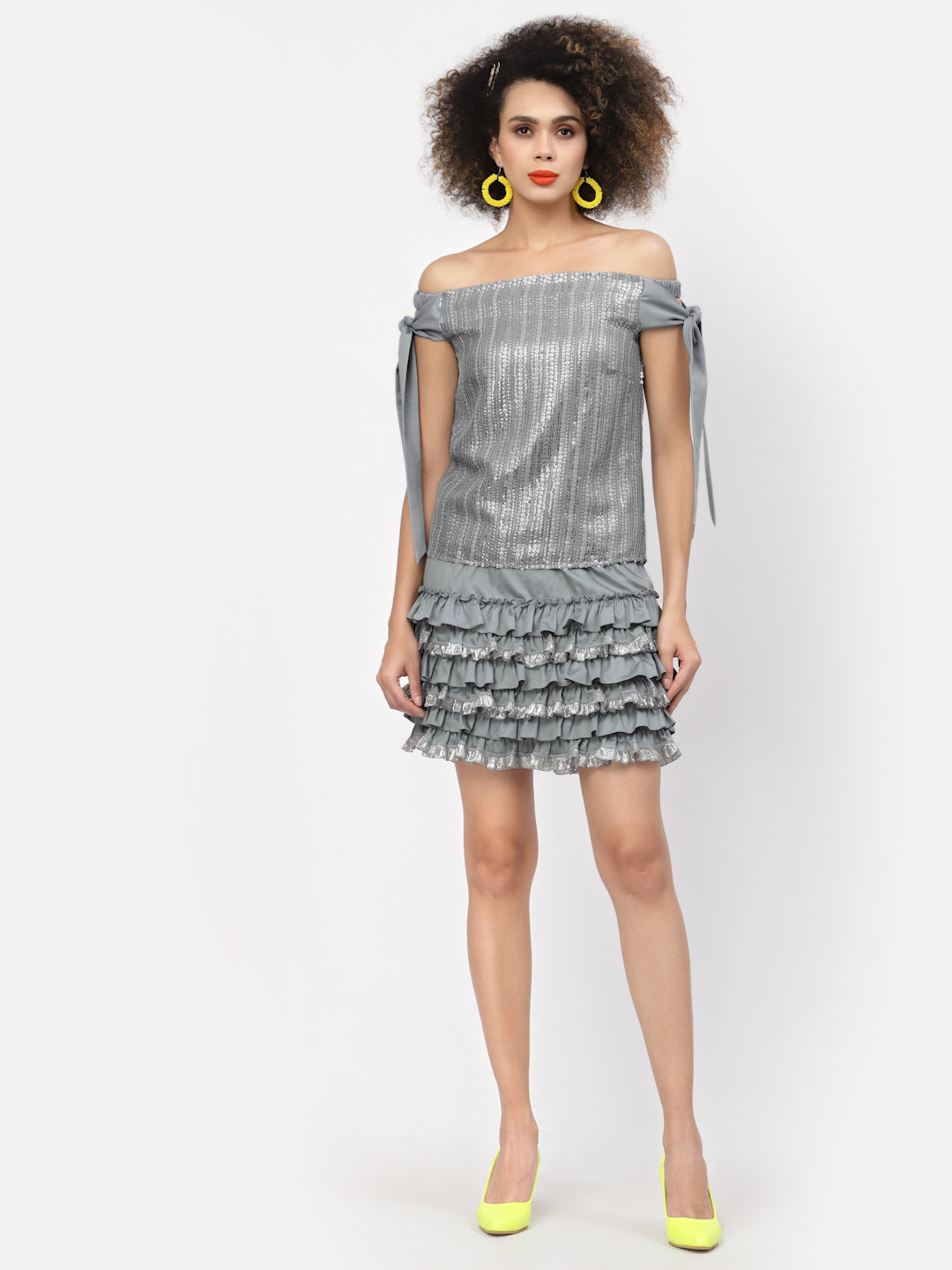 Silver Sequins Off Shoulder Top With Tie Knot, tops for women, crop top, crop tops for women, organza tops