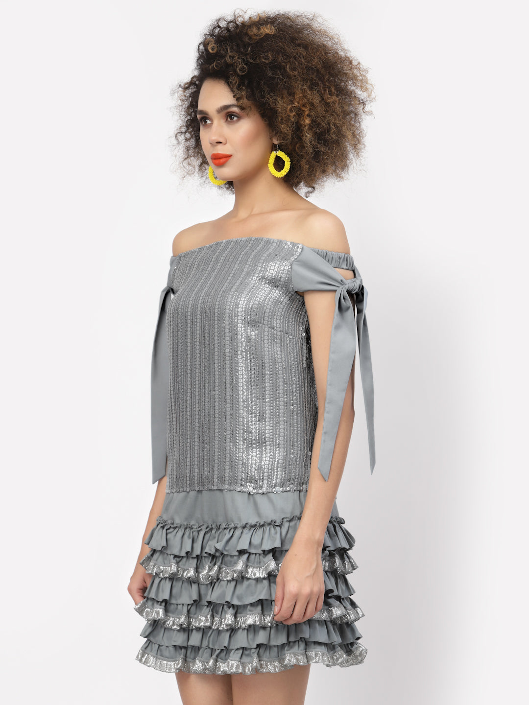 Silver Sequins Off Shoulder Top With Tie Knot, tops for women, crop top, crop tops for women, organza tops