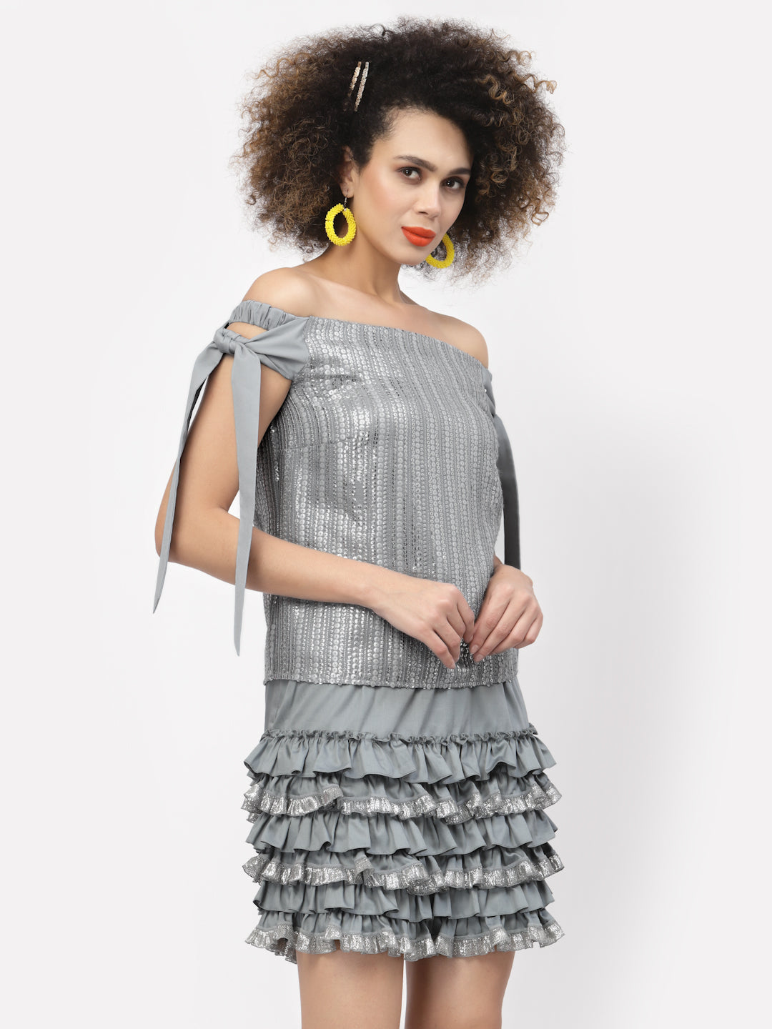 Silver Sequins Off Shoulder Top With Tie Knot, tops for women, crop top, crop tops for women, organza tops