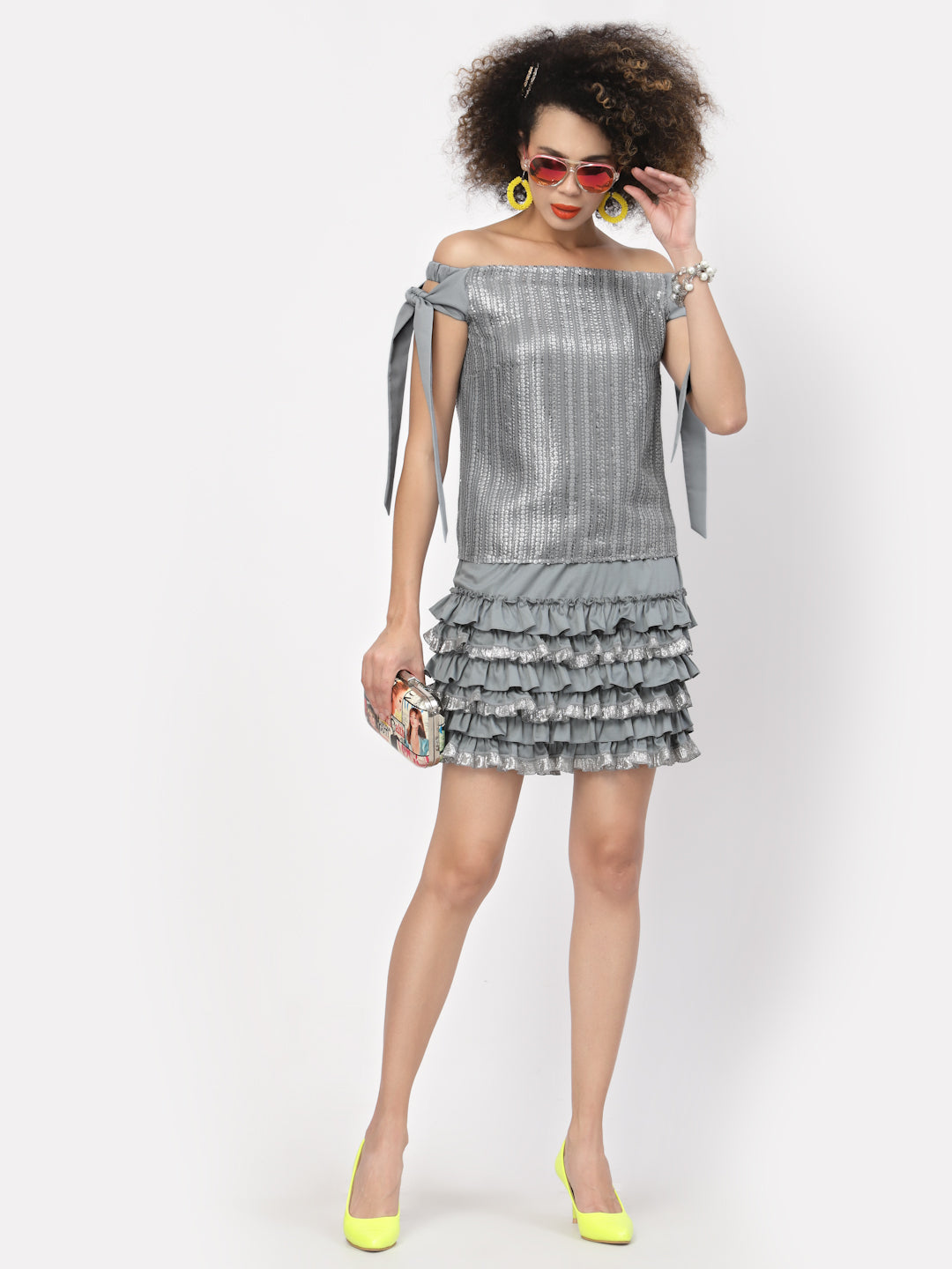 Silver Sequins Off Shoulder Top With Tie Knot, tops for women, crop top, crop tops for women, organza tops