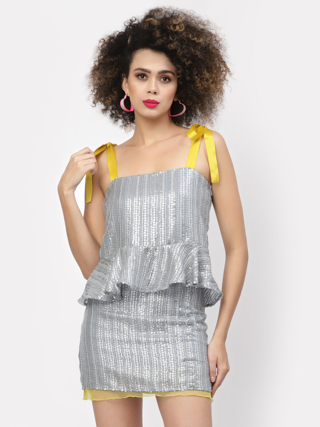 Silver Sequins Peplum Top With Yellow Tie Knot