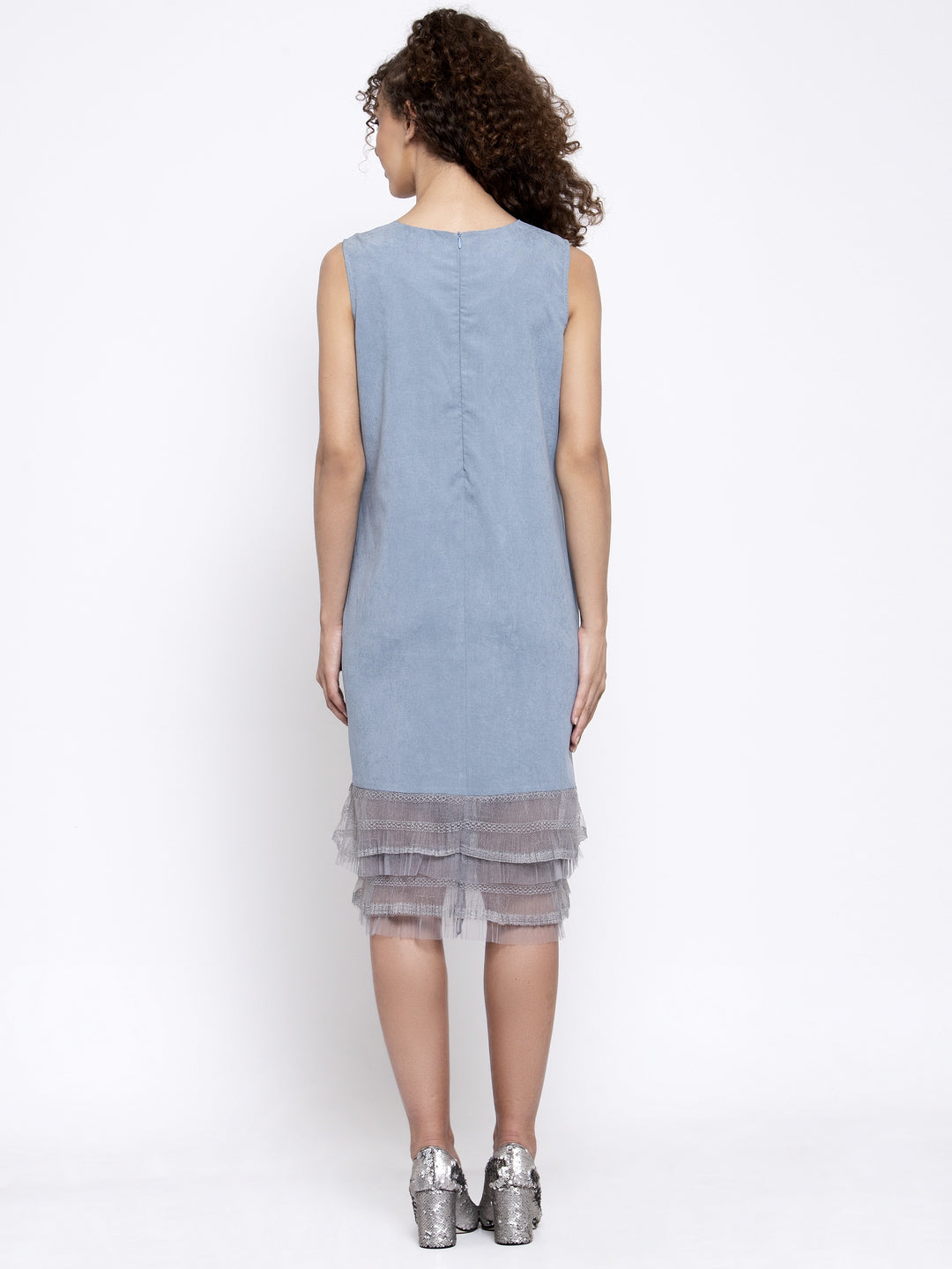 Sleeveless Blue Dress With Grey Frill At Bottom, Mesh Dress , Party dress , Holographic print dress , sequins dress