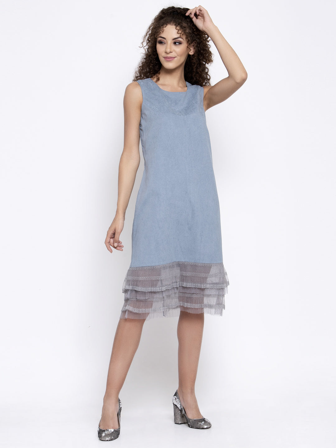 Sleeveless Blue Dress With Grey Frill At Bottom, Mesh Dress , Party dress , Holographic print dress , sequins dress