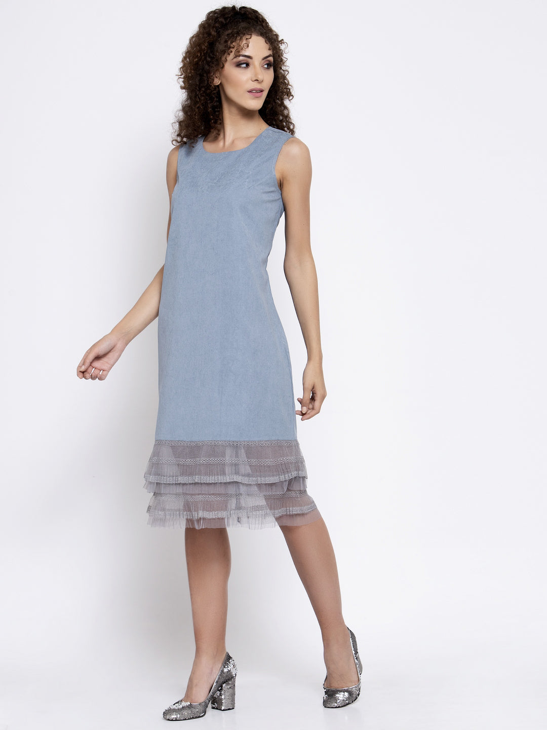 Sleeveless Blue Dress With Grey Frill At Bottom, Mesh Dress , Party dress , Holographic print dress , sequins dress