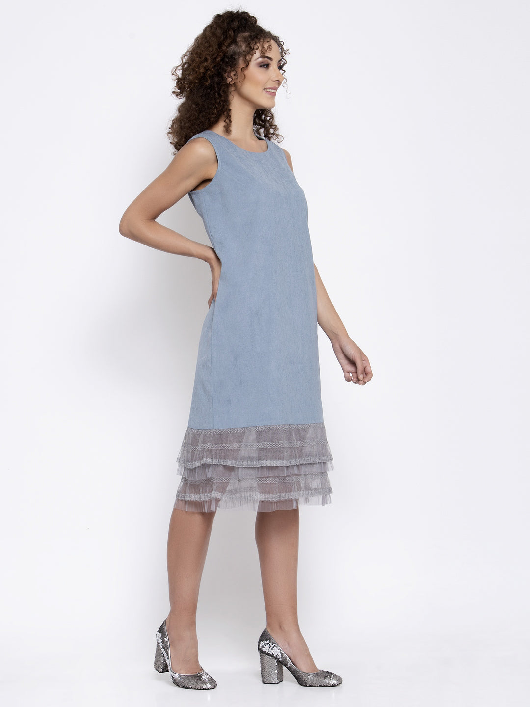 Sleeveless Blue Dress With Grey Frill At Bottom, Mesh Dress , Party dress , Holographic print dress , sequins dress