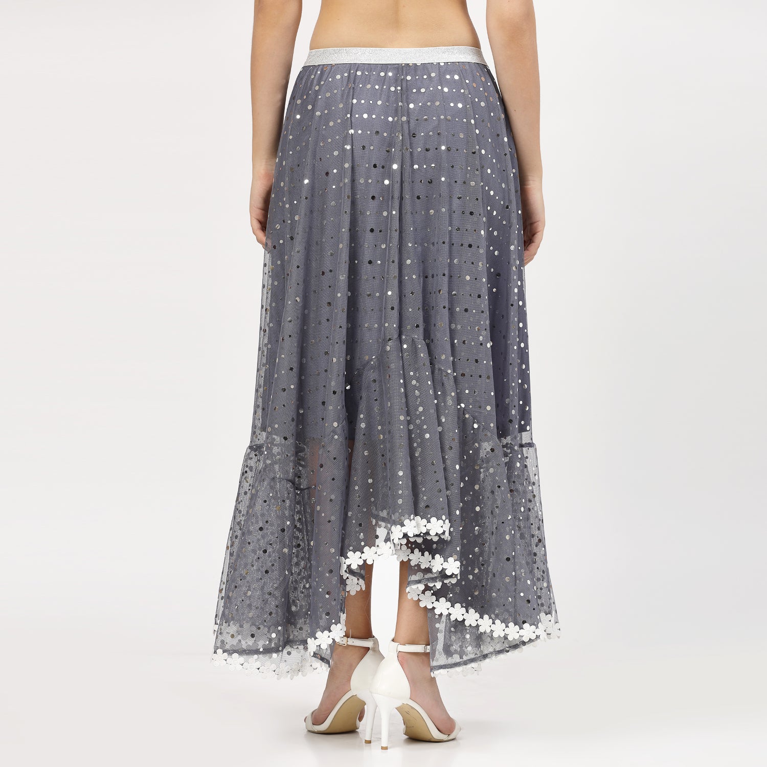 Stone Blue Net Asymmetrical Skirt for Female-4