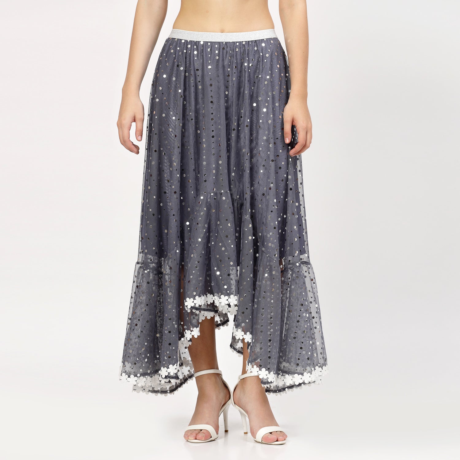 Stone Blue Net Asymmetrical Skirt for Female