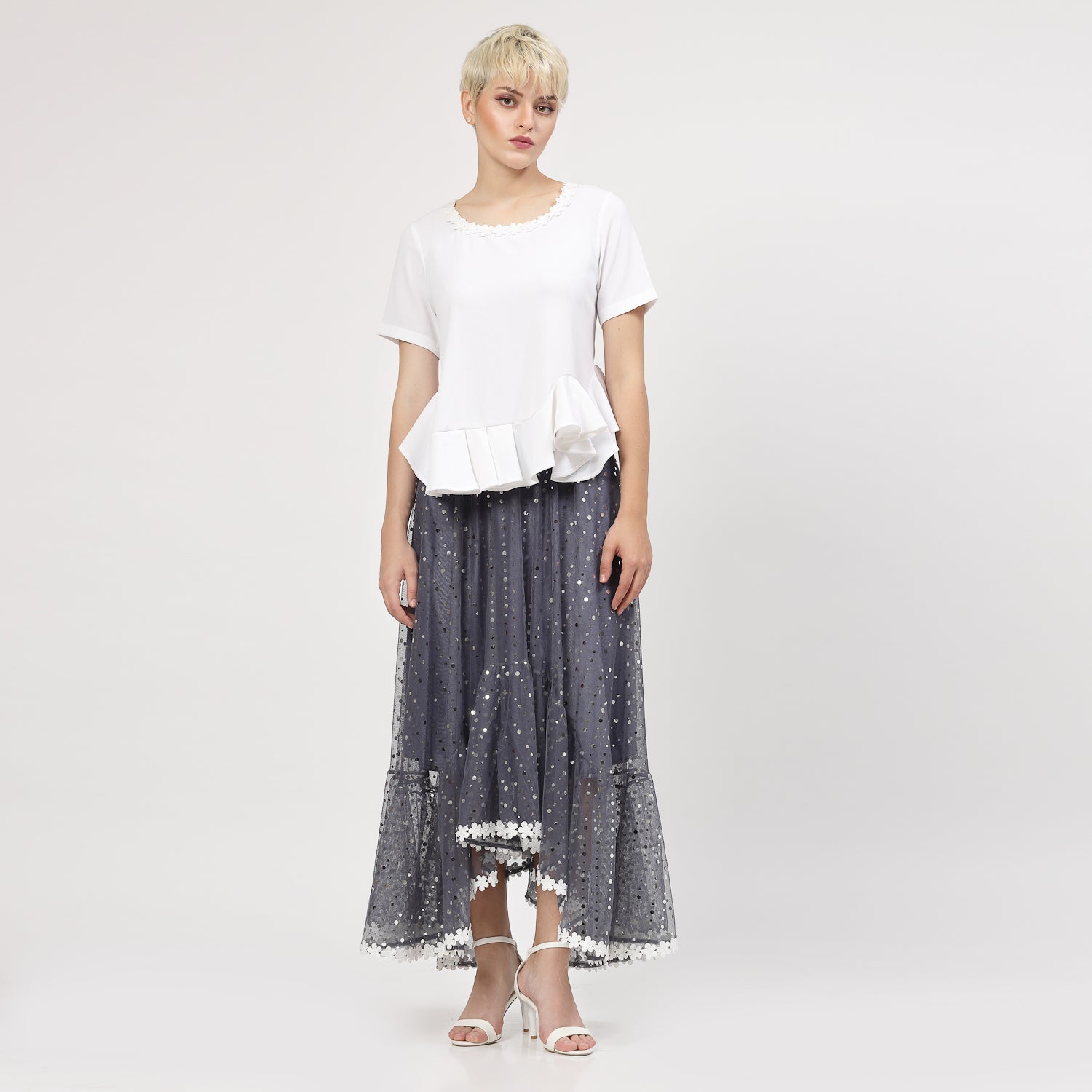 Stone Blue Net Asymmetrical Skirt for Female-5