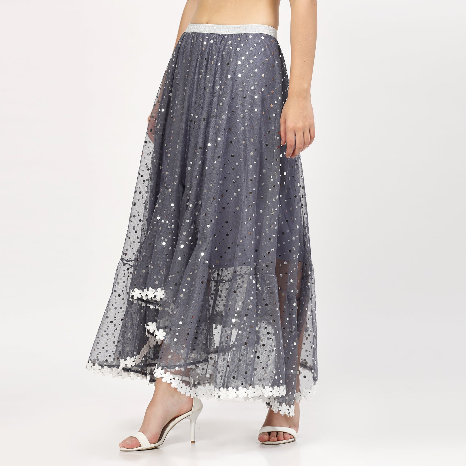 Stone Blue Net Asymmetrical Skirt for Female-1