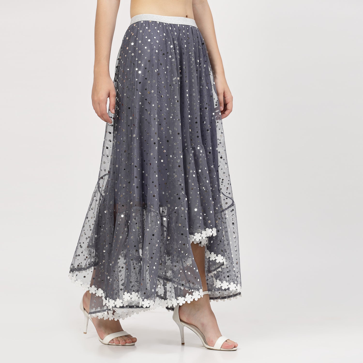 Stone Blue Net Asymmetrical Skirt for Female-2