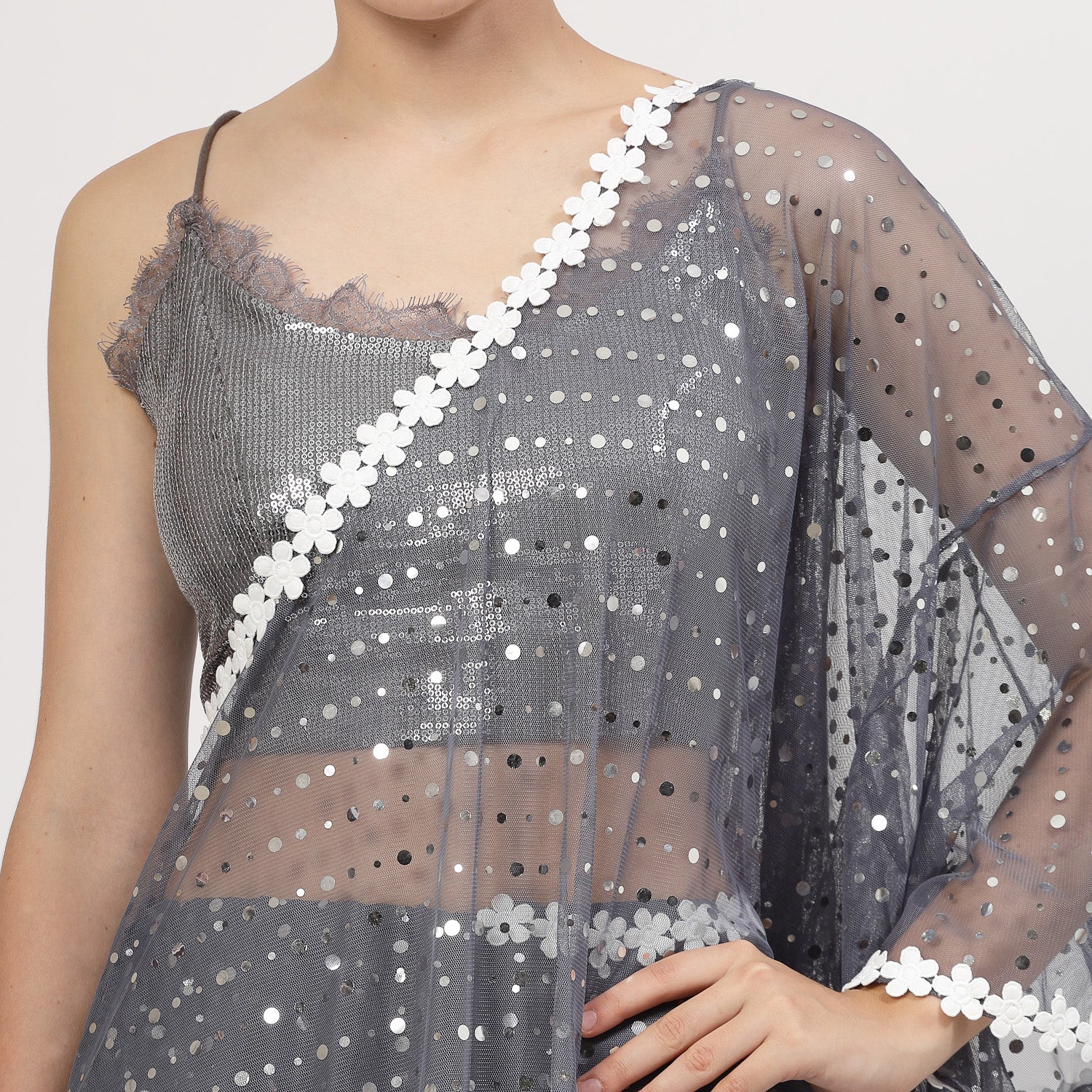 Stone Blue Net Sequins Saree With Flower Lace, saree for women, saree designs, trendy sarees, party wear saree, party wear saree for women