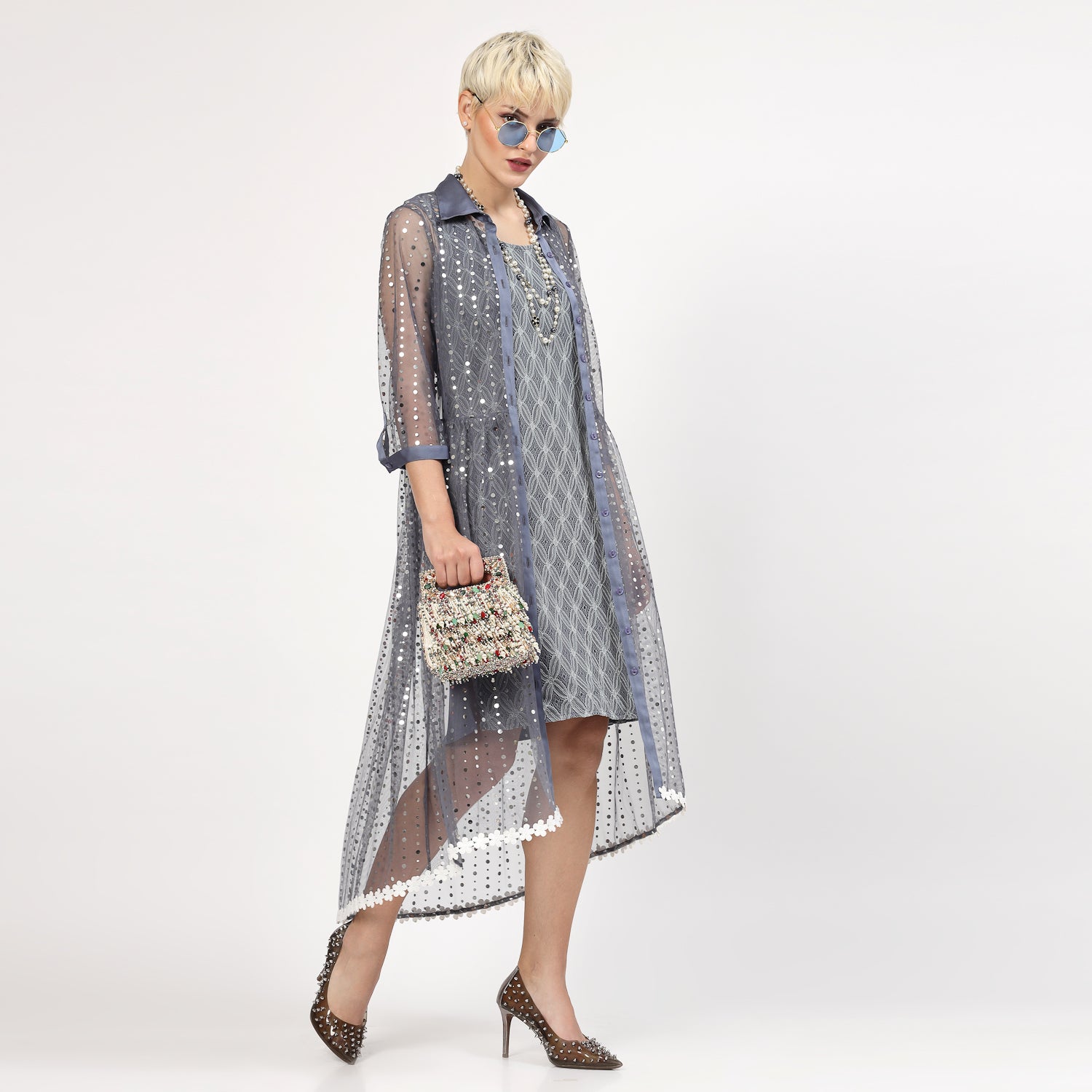 Buy Stone Blue Sequins Tunic for Women