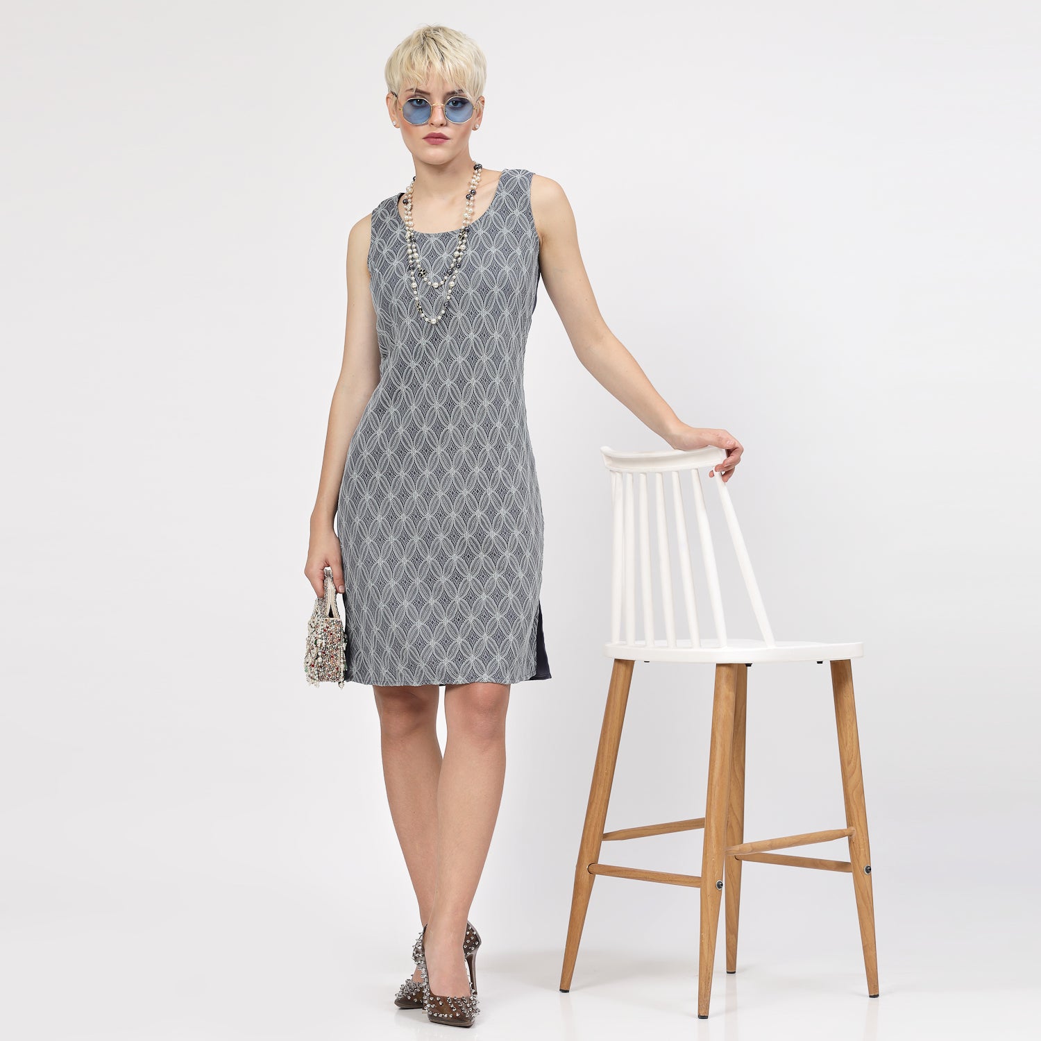 Stone Blue Sleeveless Dress With Lace Fabric, Mesh Dress , Party dress , Holographic print dress , sequins dress 