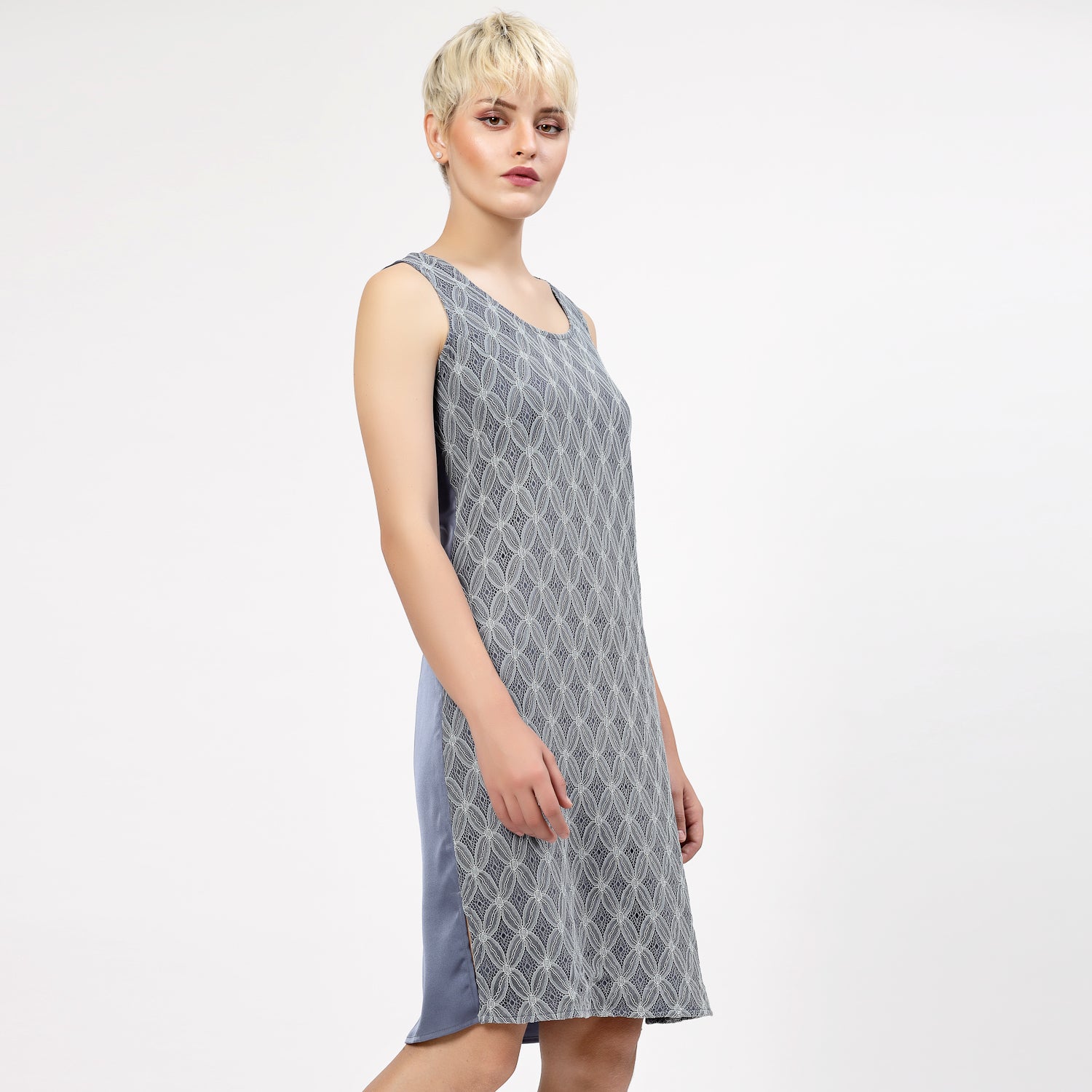 Stone Blue Sleeveless Dress With Lace Fabric, Mesh Dress , Party dress , Holographic print dress , sequins dress 