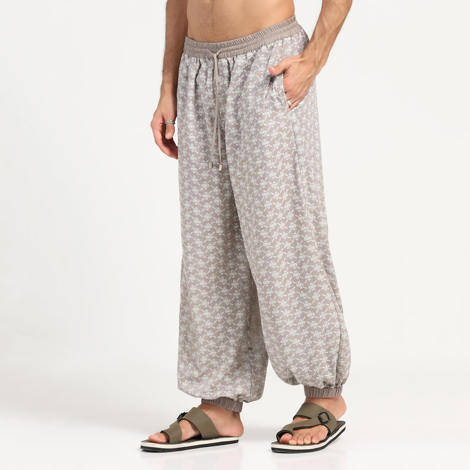 Taupe Elastic Schiffli Pant for Men-2