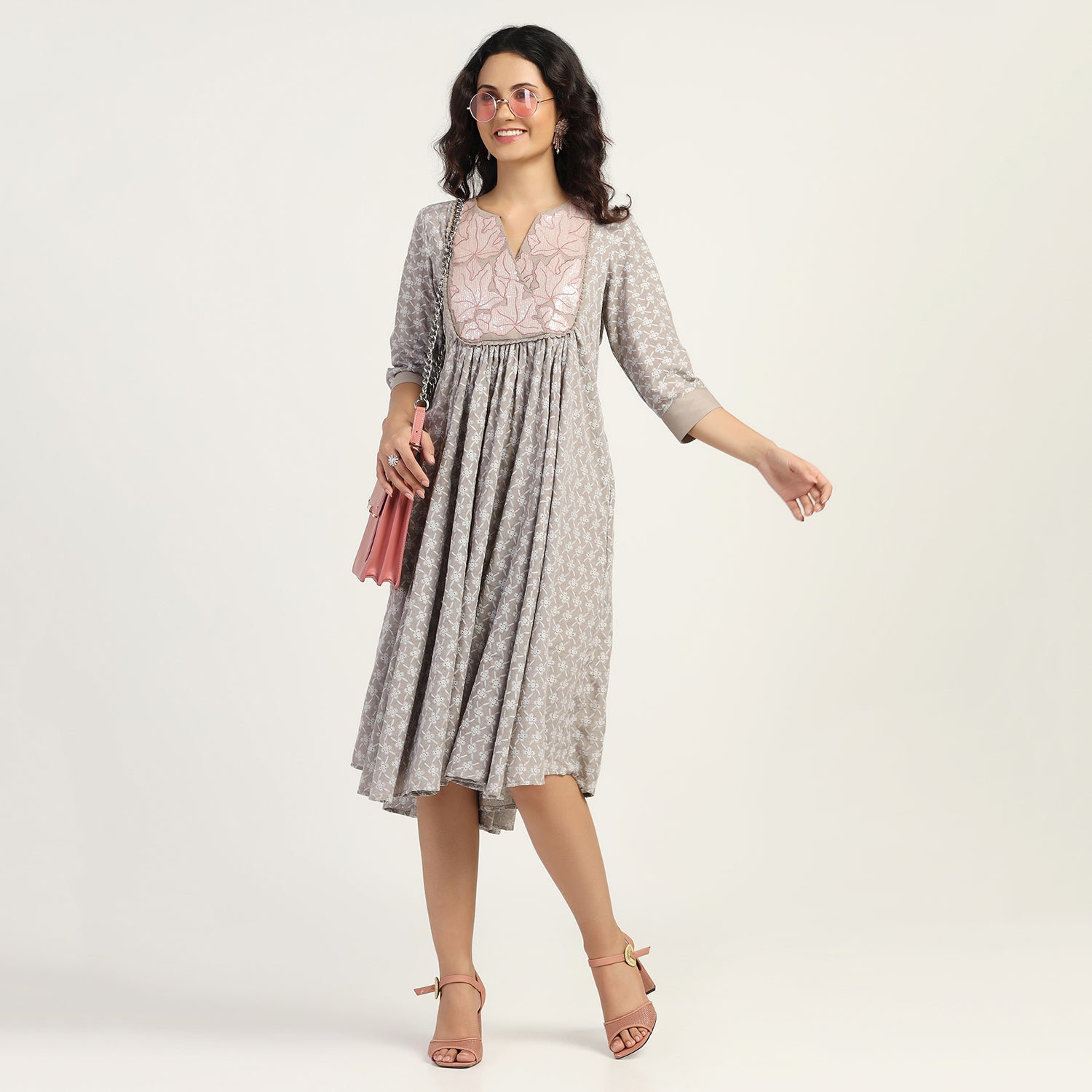 Women Taupe Dress with Embroidered Neckline
