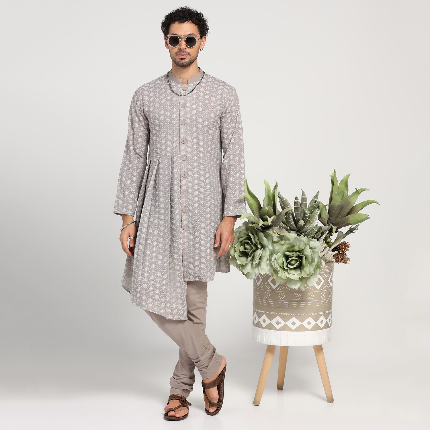 Taupe Schiffle Pleated Kurta, men kurta, men wear, kurta design, kurta designs for men, designer kurta