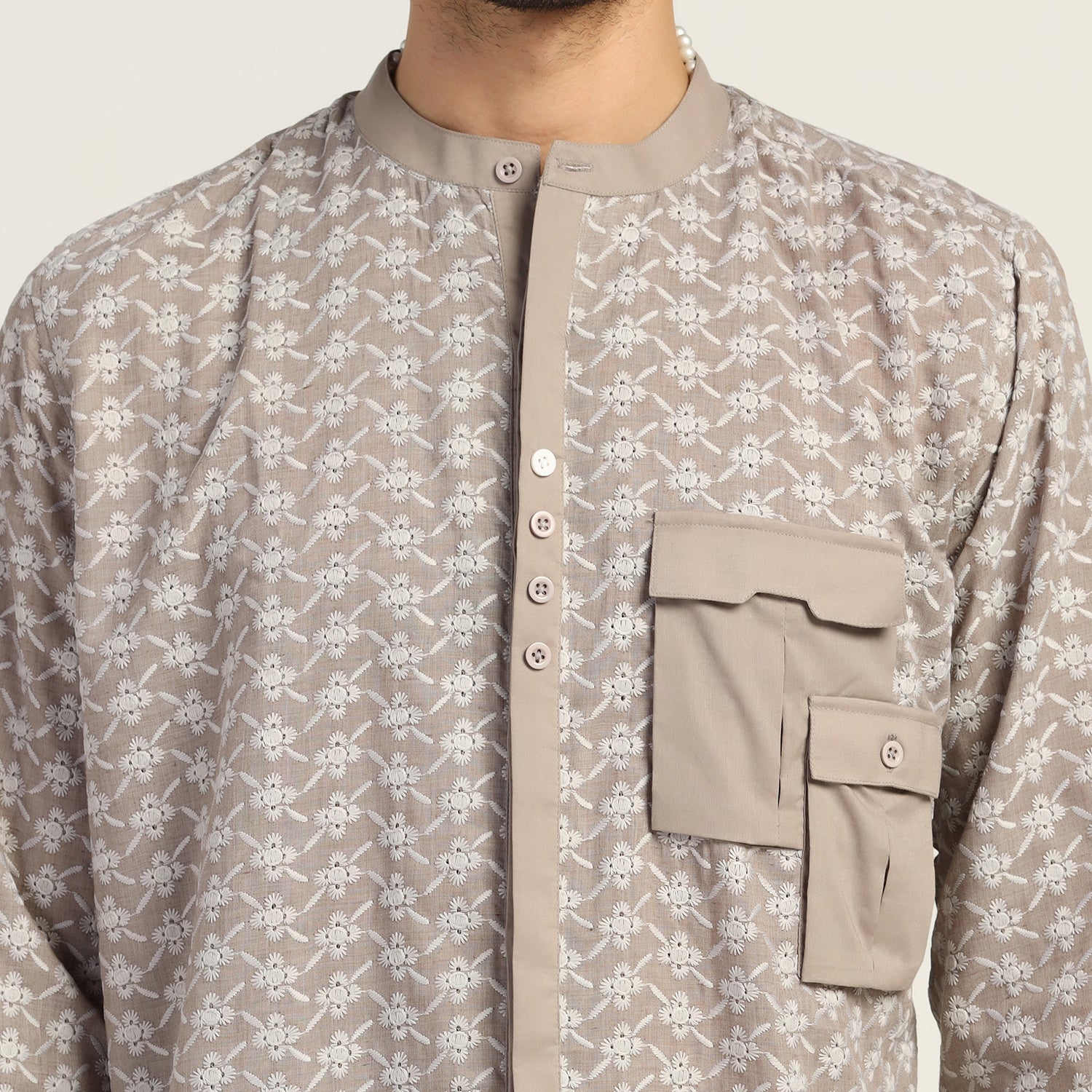 Taupe Schiffle Shirt  With Double Pocket, shirts for men, men shirts, designer shirts, stylish shirts, shirt design