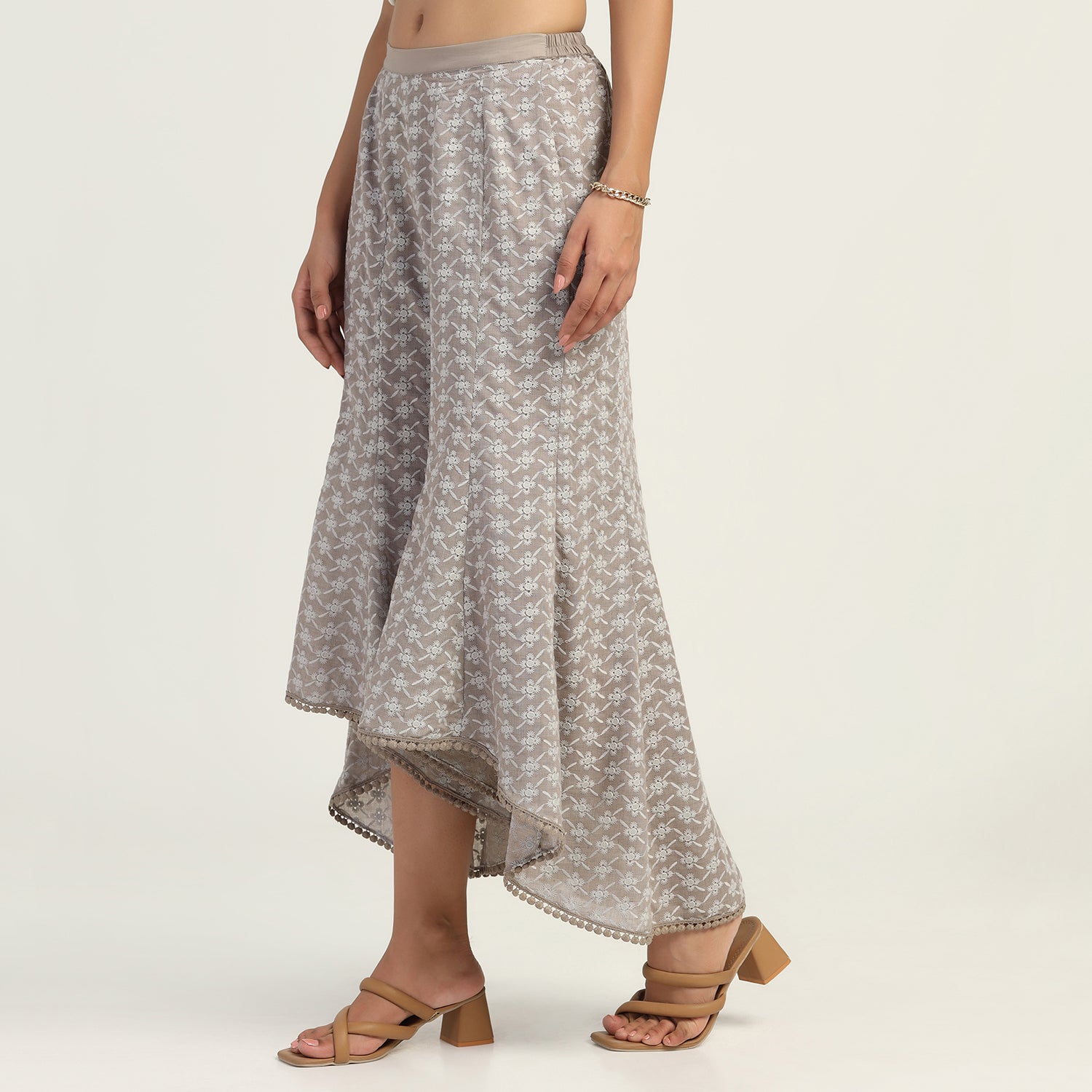 Taupe Schiffli A Line Plazzo, Velvet Bell Bottom Pants , Stylish Women pants , Floral print palazzos