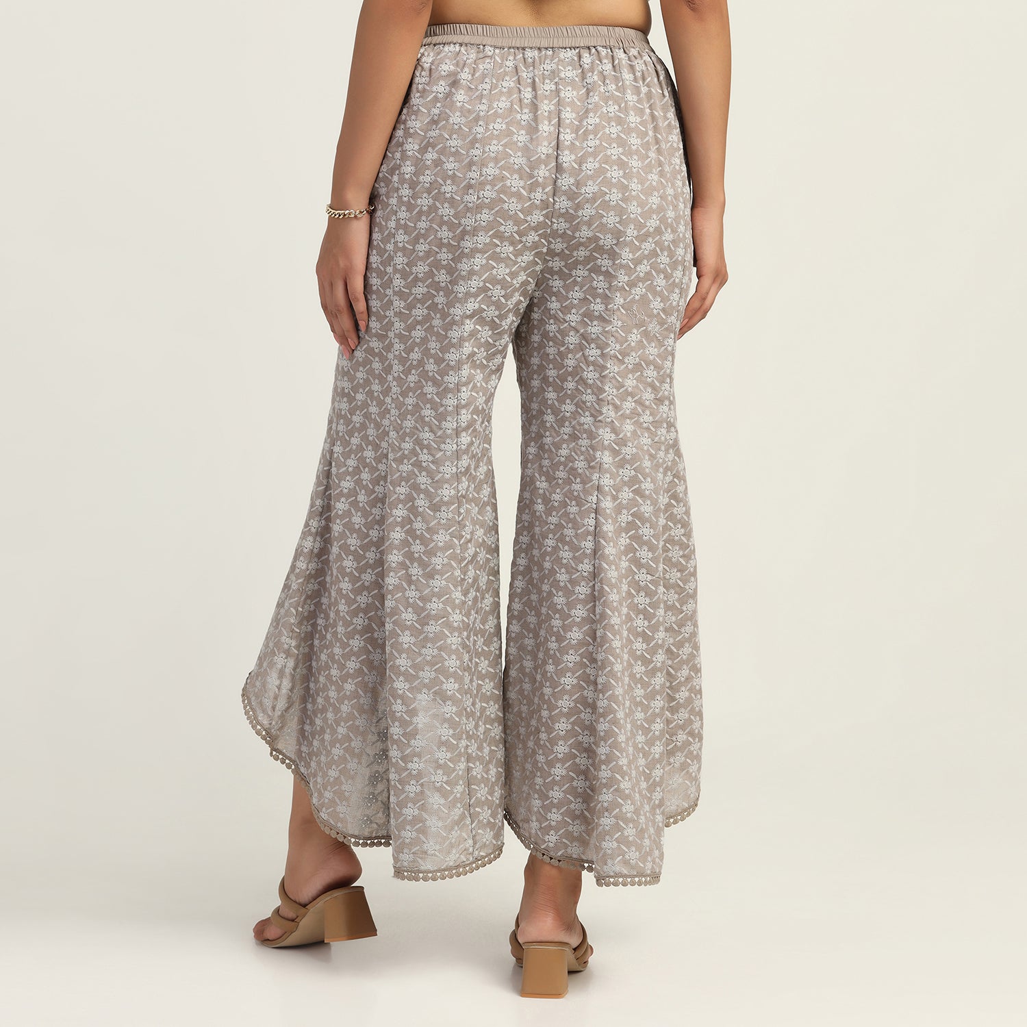 Taupe Schiffli A Line Plazzo, Velvet Bell Bottom Pants , Stylish Women pants , Floral print palazzos