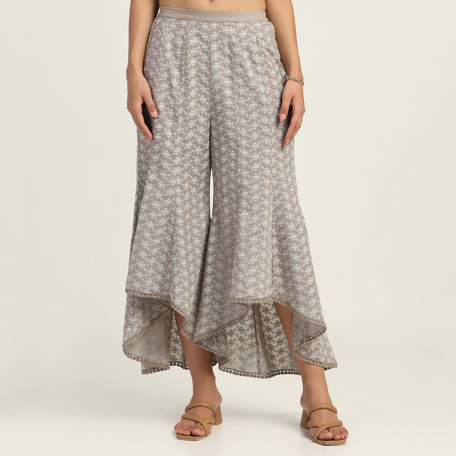 Taupe Schiffli A Line Plazzo, Velvet Bell Bottom Pants , Stylish Women pants , Floral print palazzos