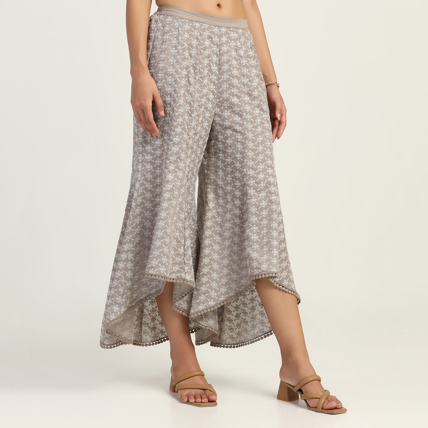 Taupe Schiffli A Line Plazzo, Velvet Bell Bottom Pants , Stylish Women pants , Floral print palazzos