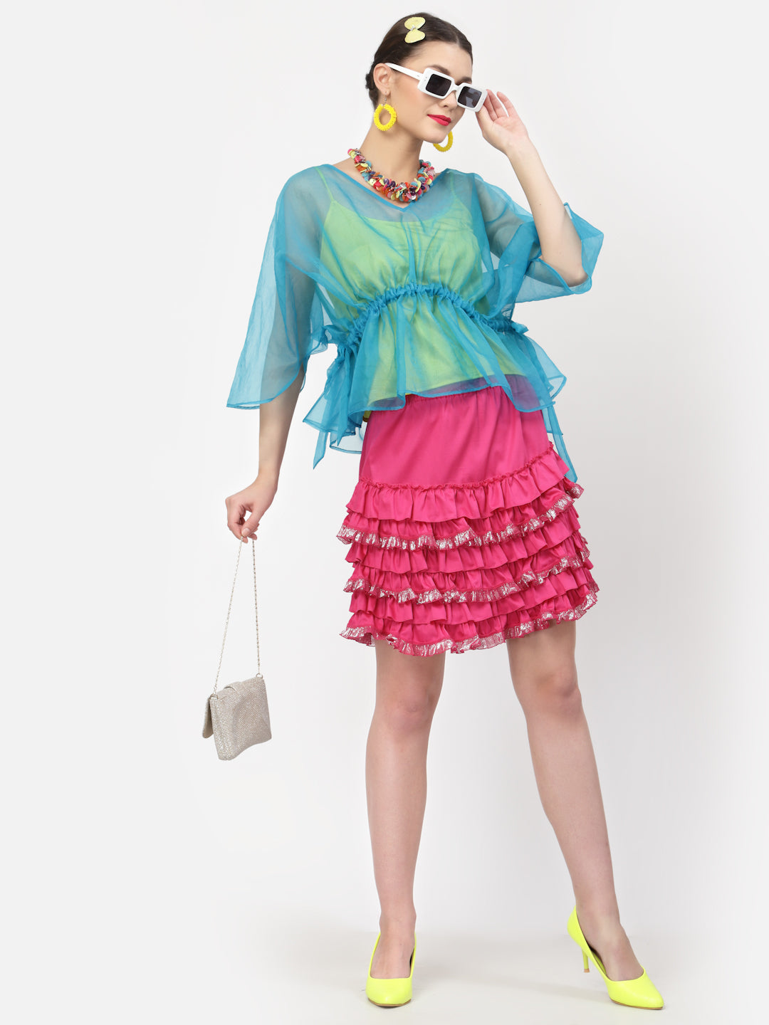Turquoise Organza Drawstring Top With Yellow Spaghetti