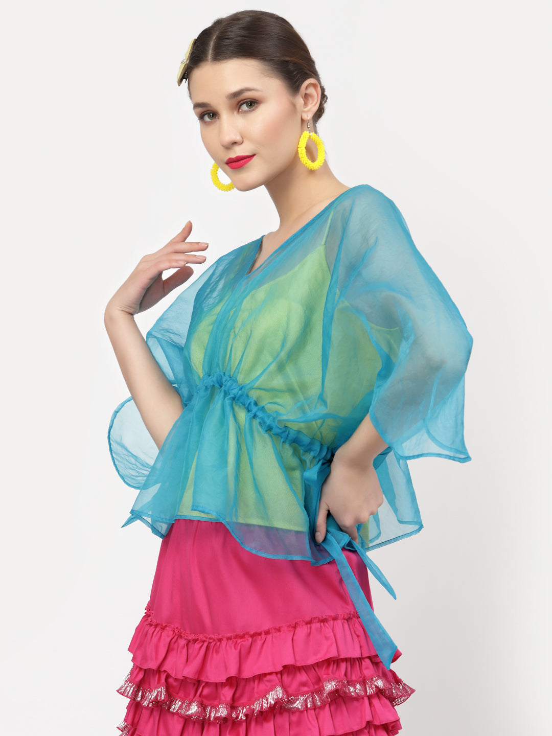 Turquoise Organza Drawstring Top With Yellow Spaghetti, tops for women, crop top, crop tops for women, organza tops