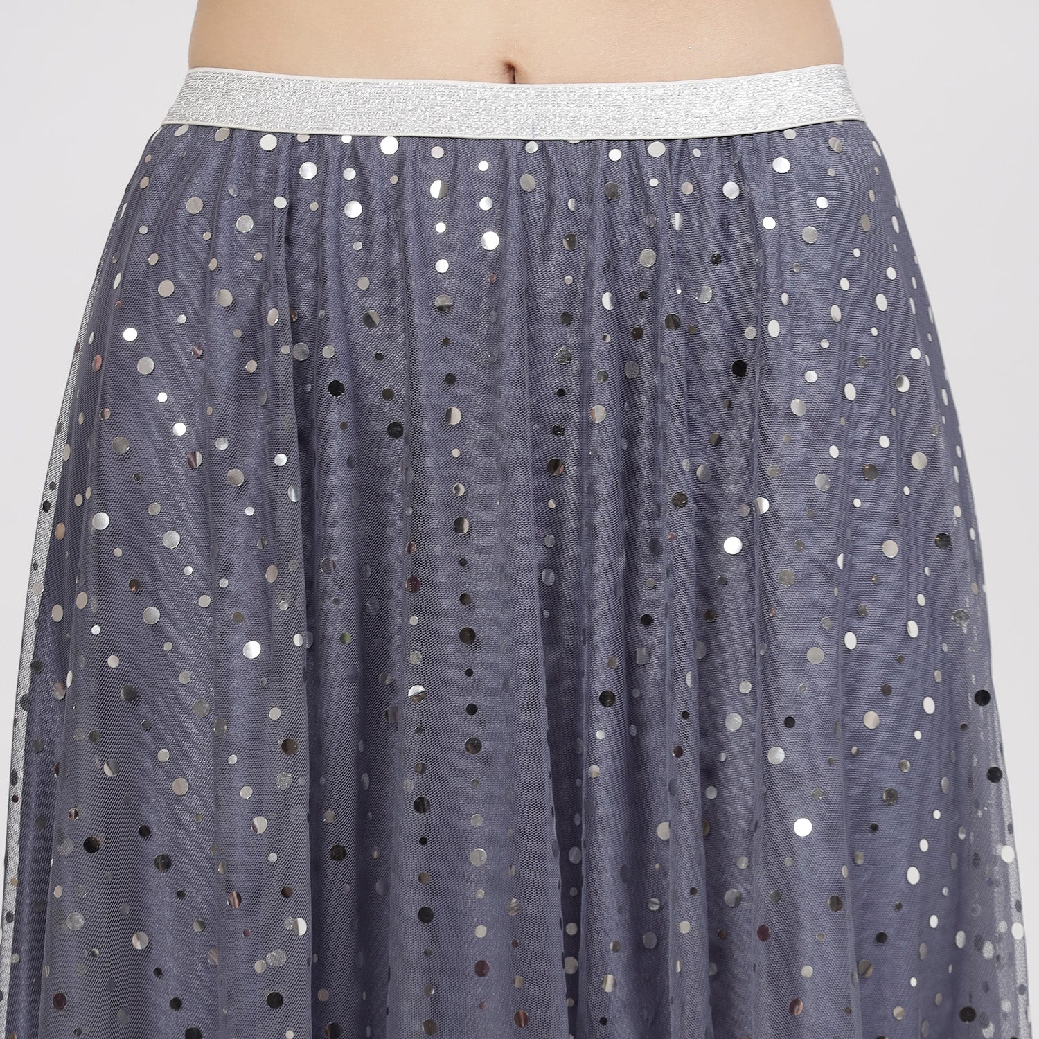 Stone Blue Net Asymmetrical Skirt With Sequins And Lace