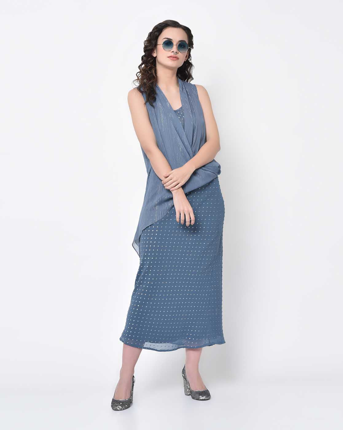 Stone Blue Drape Top With Lurex