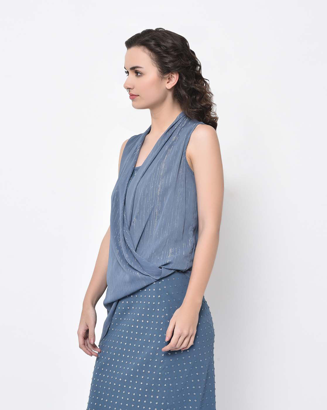 Stone Blue Drape Top With Lurex