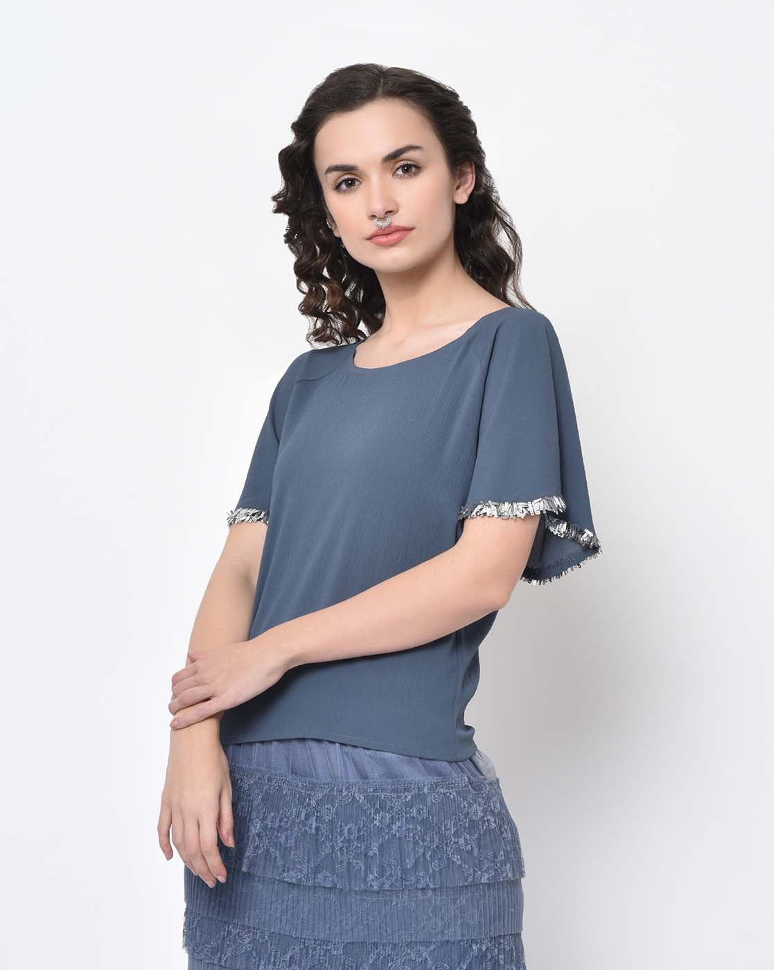 Stone Blue Drape Top With Silver Hand Embroidery