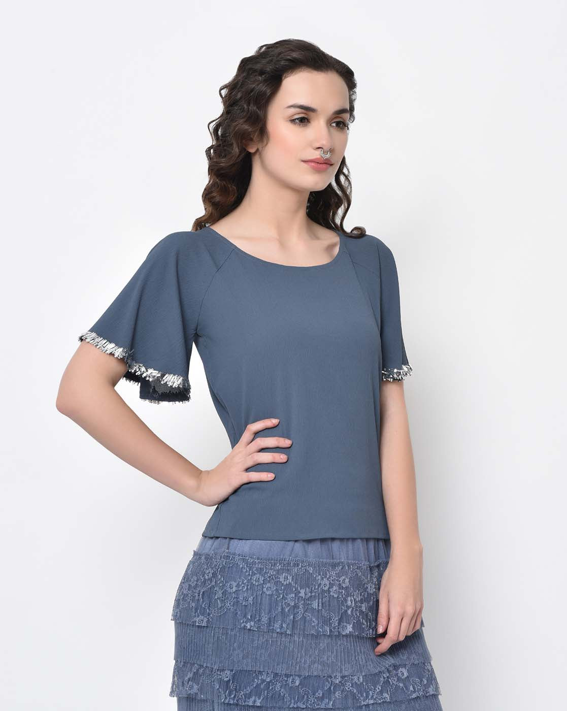 Stone Blue Drape Top With Silver Hand Embroidery