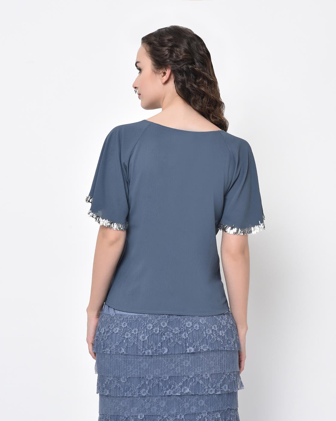 Stone Blue Drape Top With Silver Hand Embroidery