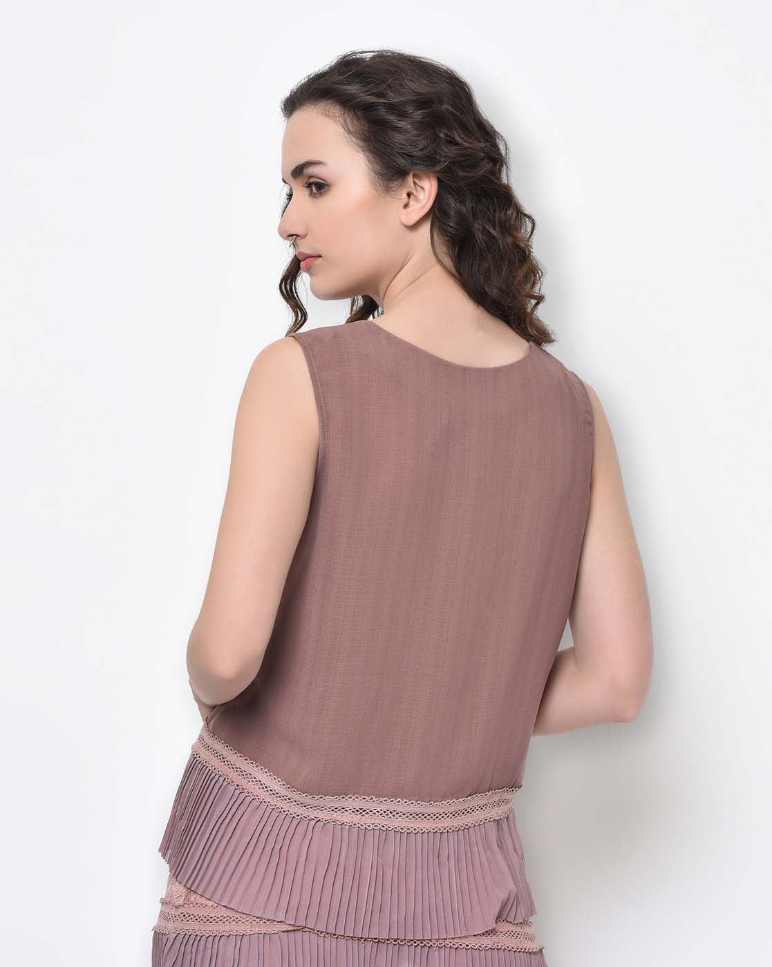 Rose Pink Sleeveless Top With Frill At Hem