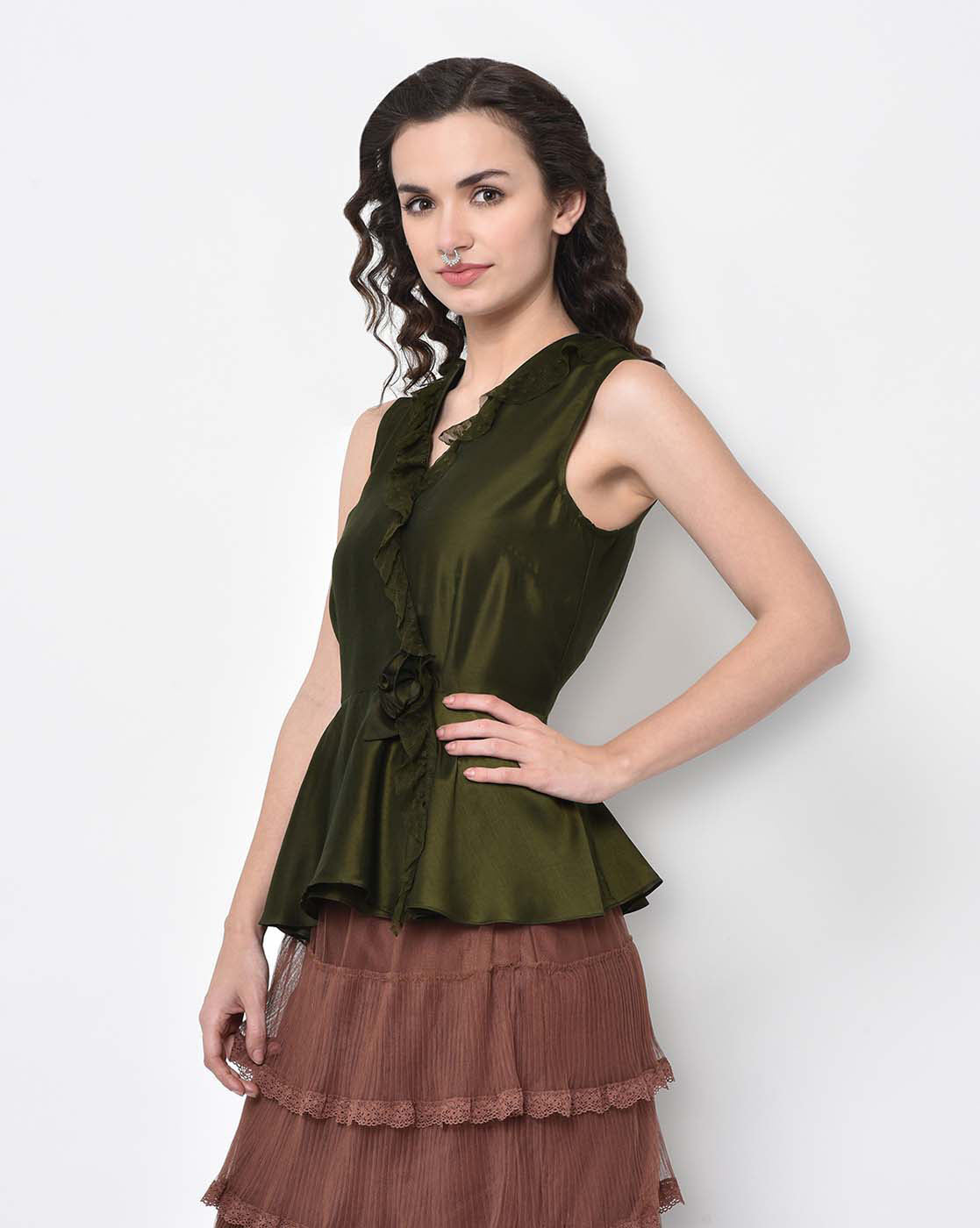 Olive Overlap Frill Top