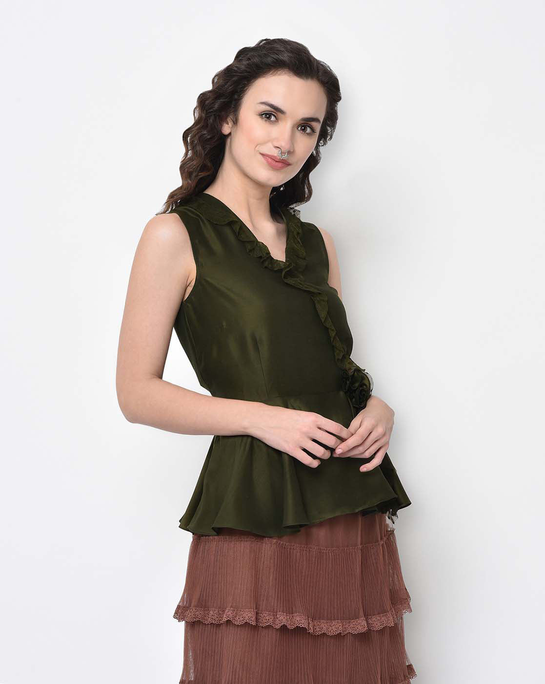 Olive Overlap Frill Top