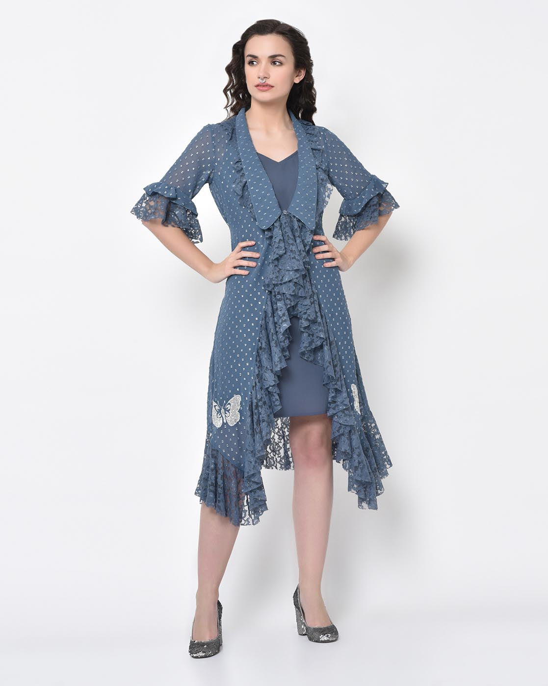 Silver Dot Stone Blue Tunic With Butterfly Embroidery